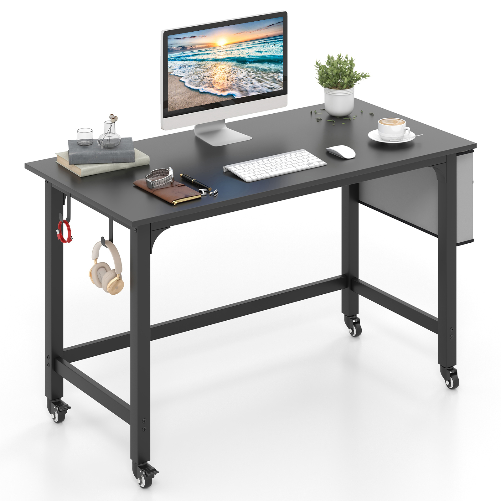 120cm Mobile Computer Desk with Storage Bag and 2 Headphone Hooks-Black