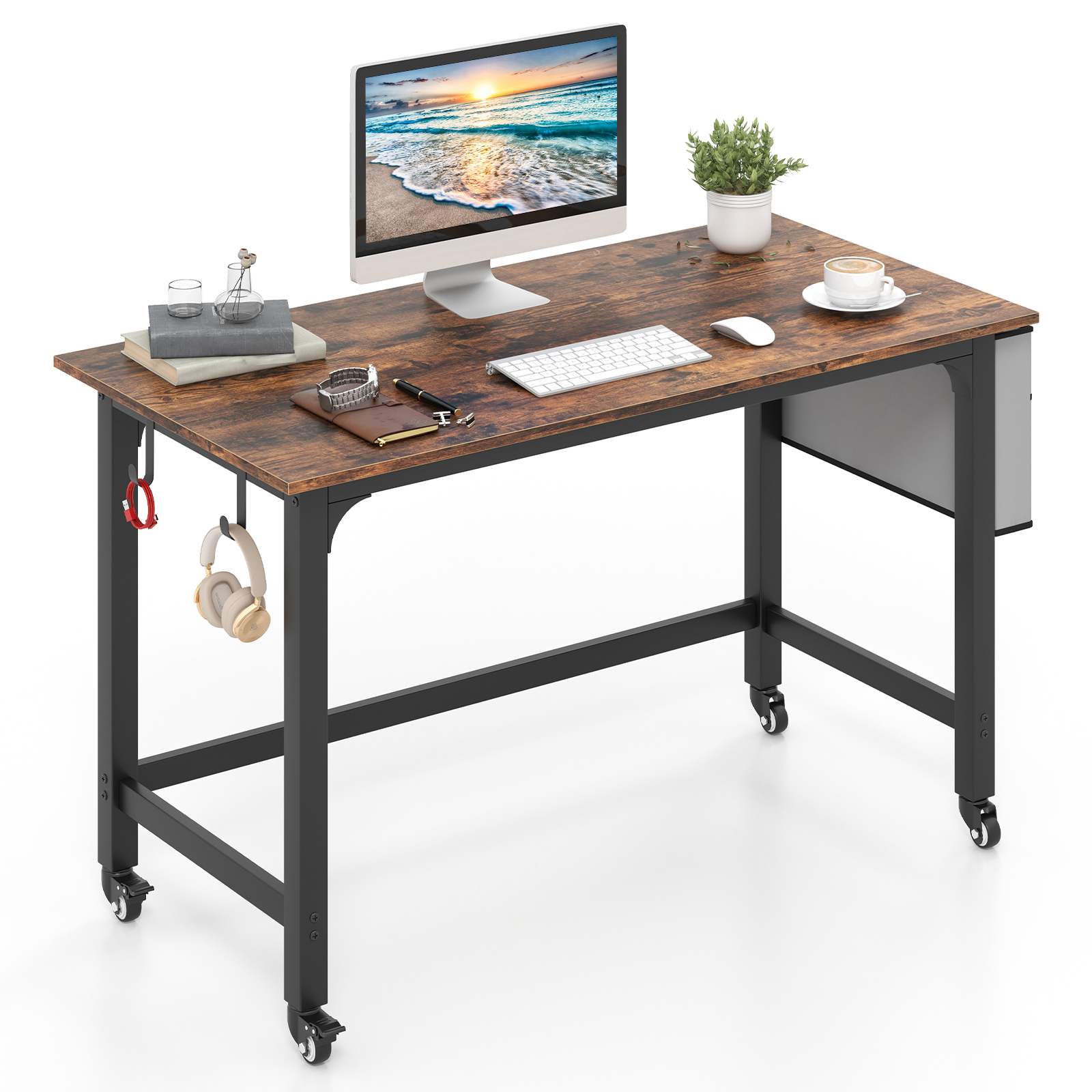 120cm Mobile Computer Desk with Storage Bag and 2 Headphone Hooks-Rustic Brown