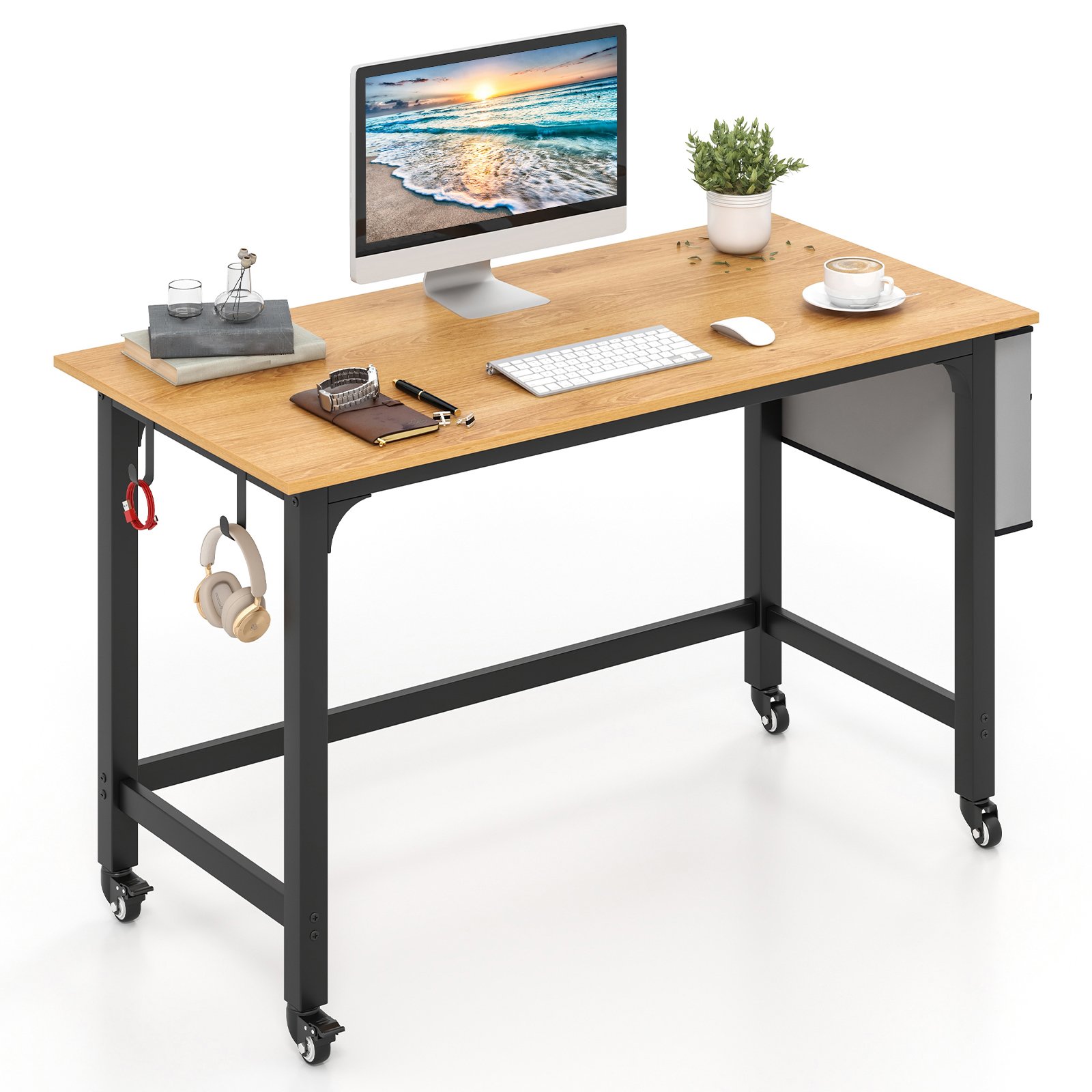 120cm Mobile Computer Desk with Storage Bag and 2 Headphone Hooks-Natural