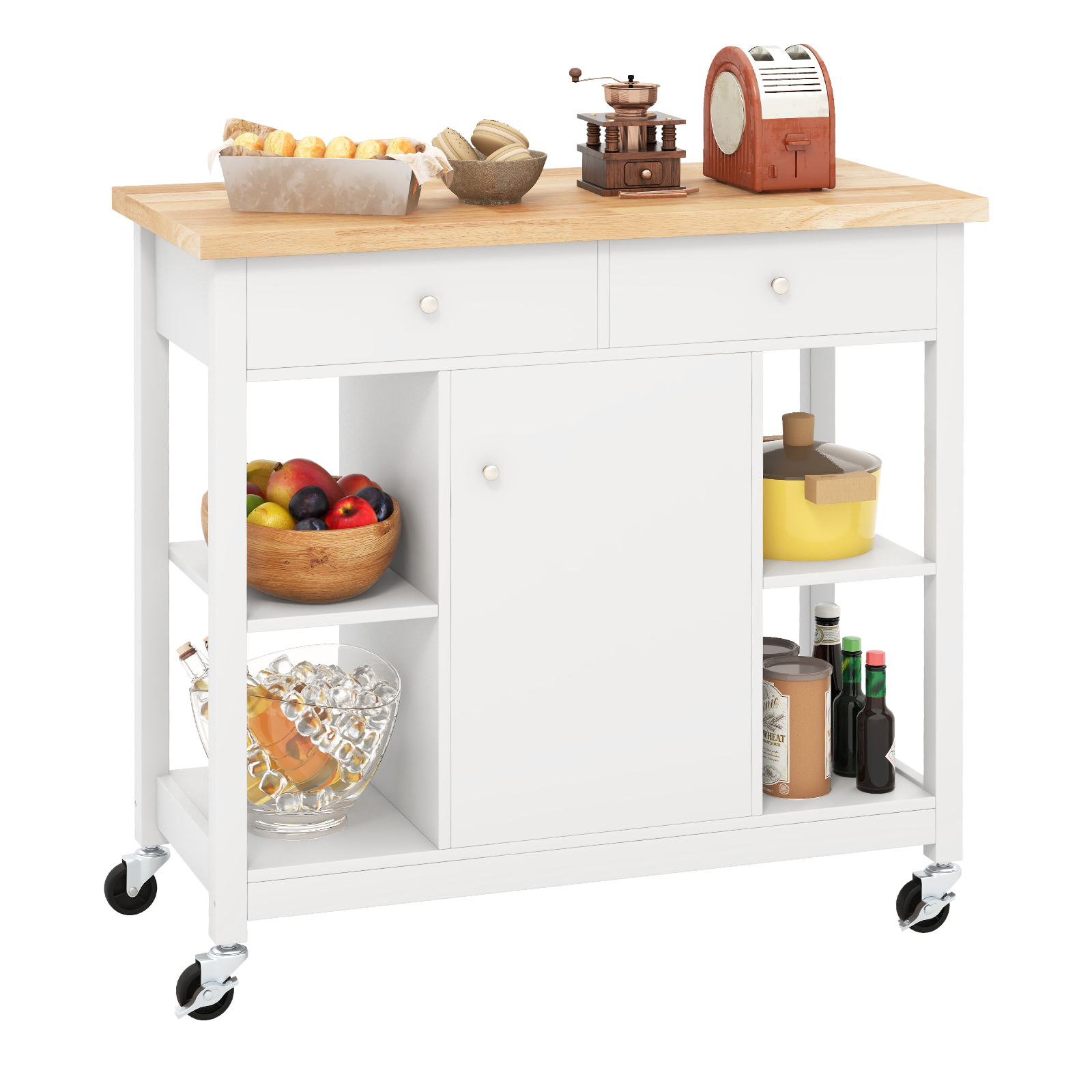 Mobile Kitchen Island Cart Rolling Kitchen Island with Rubber Wood Top-White