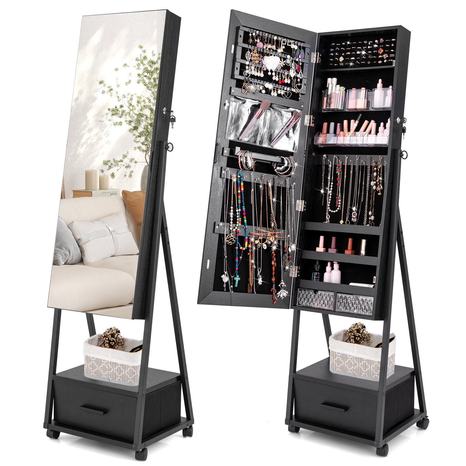 Mobile Standing Lockable Jewelry Cabinet with Full Length Mirror-Black