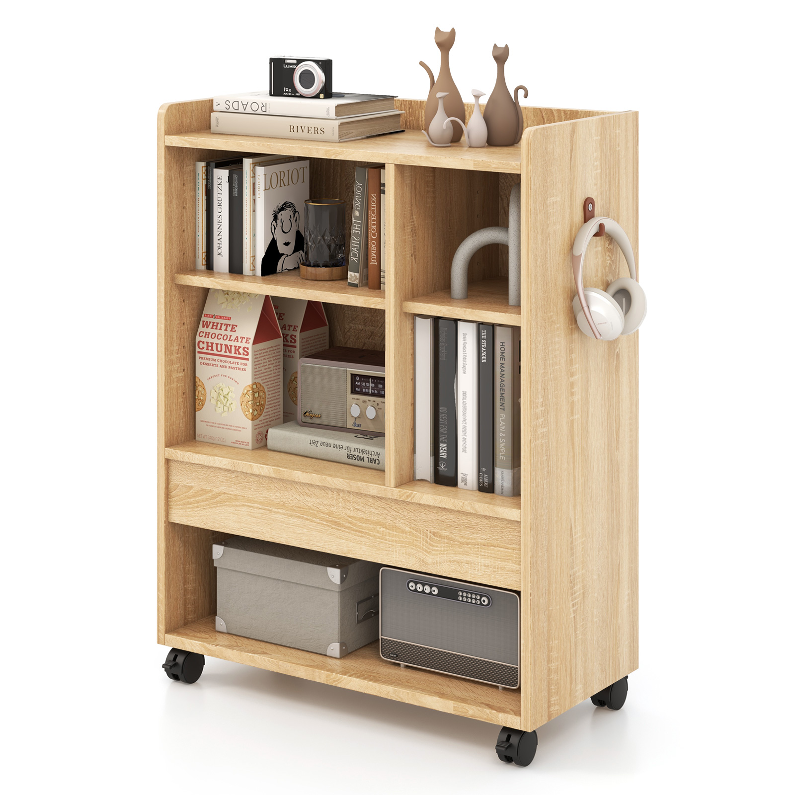 Mobile Storage Cabinet with Drawer and Adjustable Shelves-Natural