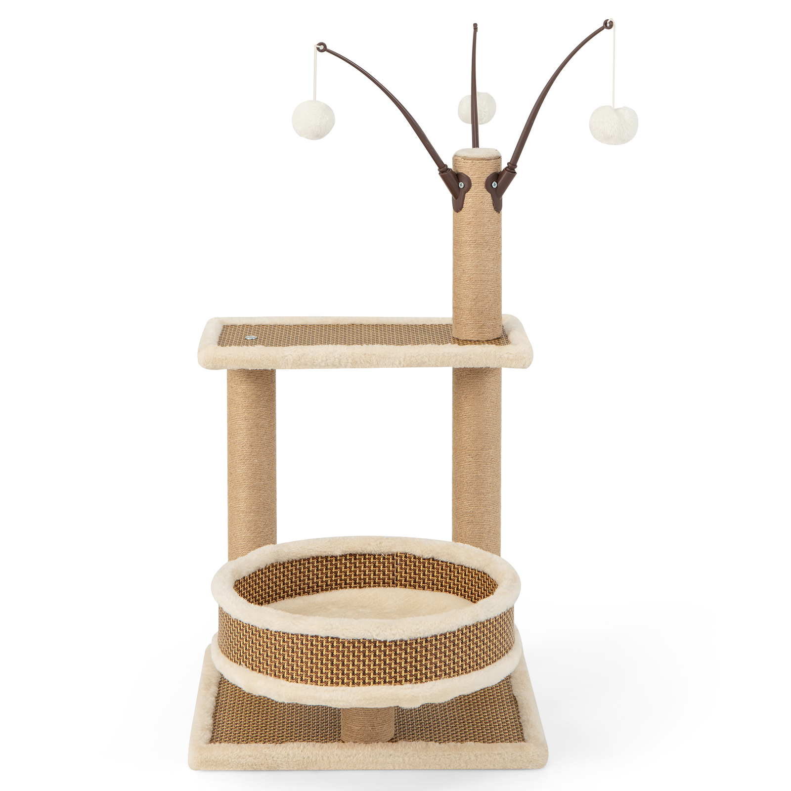 Modern Cat Tower with Rattan Mat and 3 Hanging Ball Toys