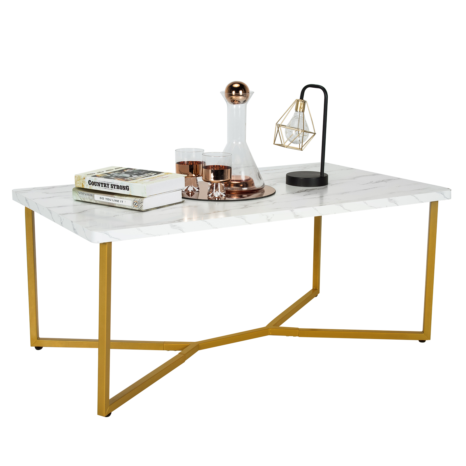 Modern Coffee Table with Faux Marble Tabletop and Golden Y-shaped Legs