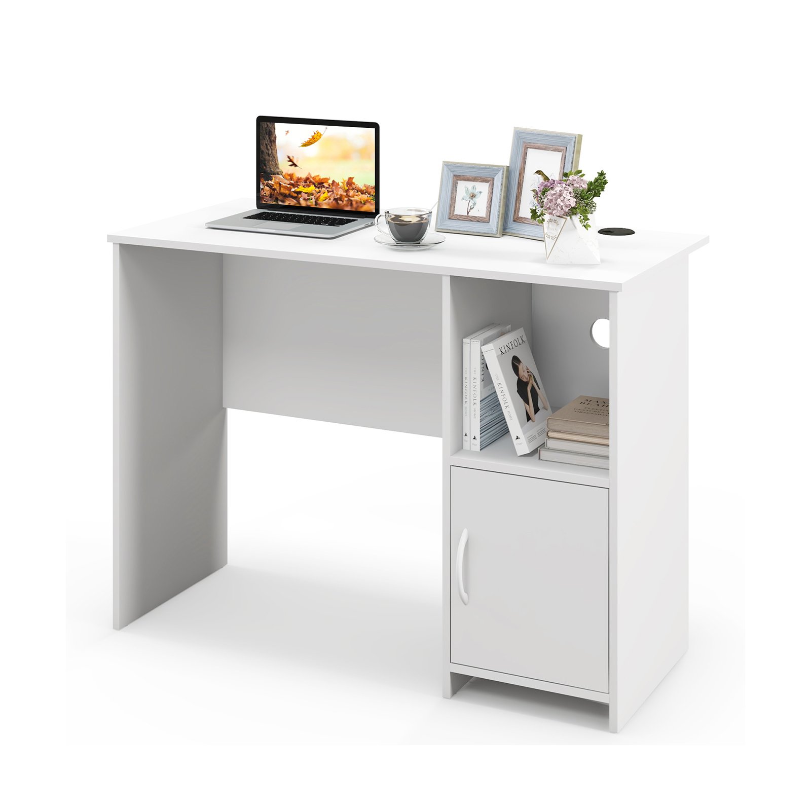 Modern Computer Desk with Cabinet and Cable Holes-White