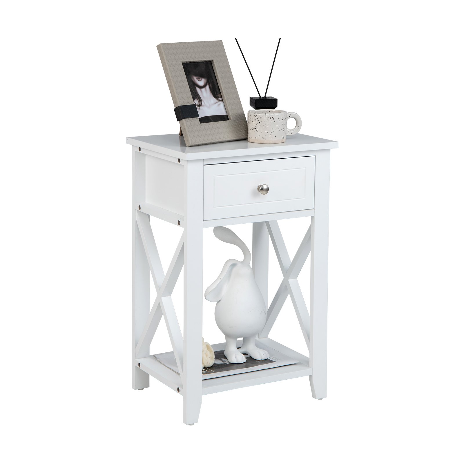 Modern X-Design Nightstand with Drawer and Bottom Storage Shelf-White