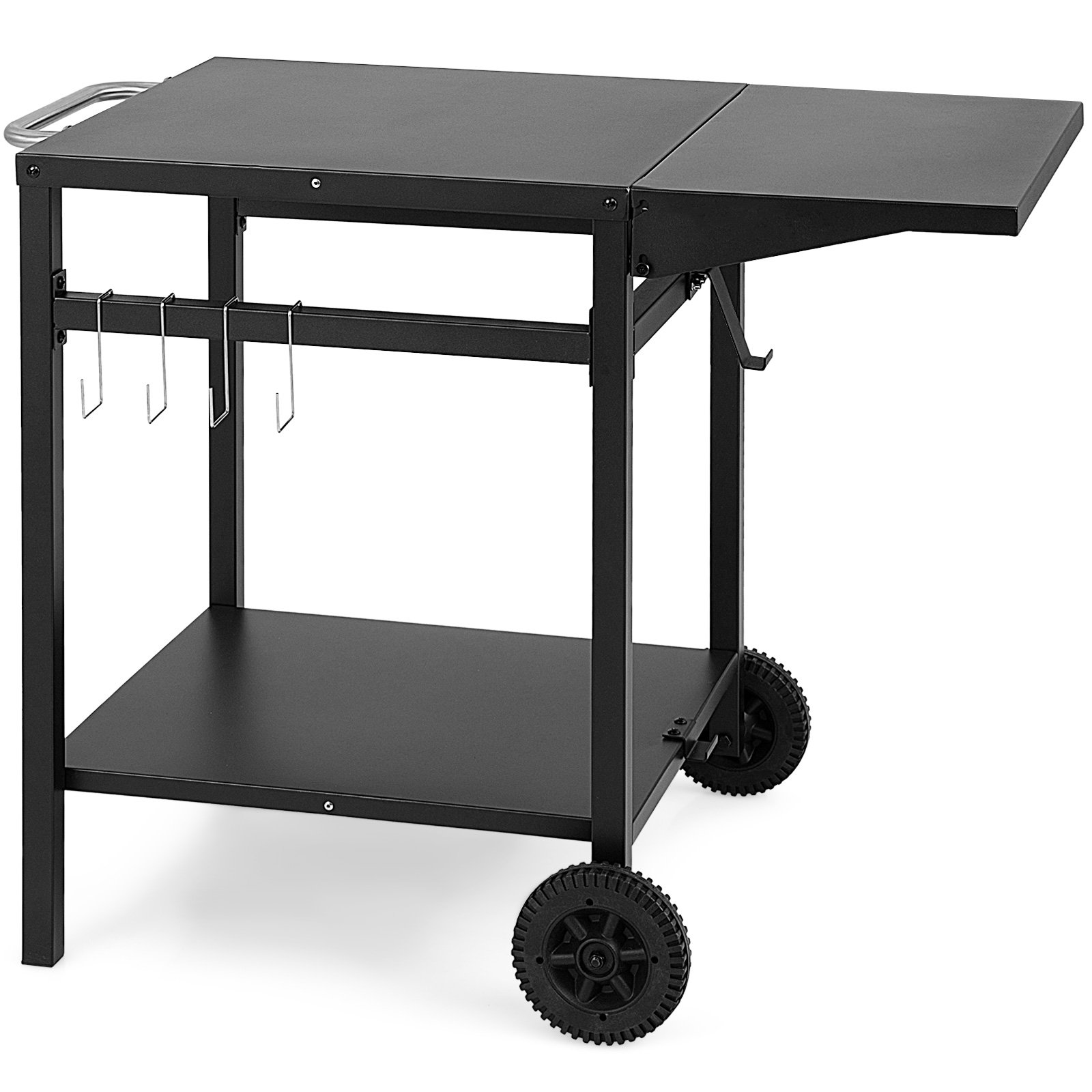 Movable Dining Cart Table Trolley with Folding Tabletop for BBQ Grill-Black