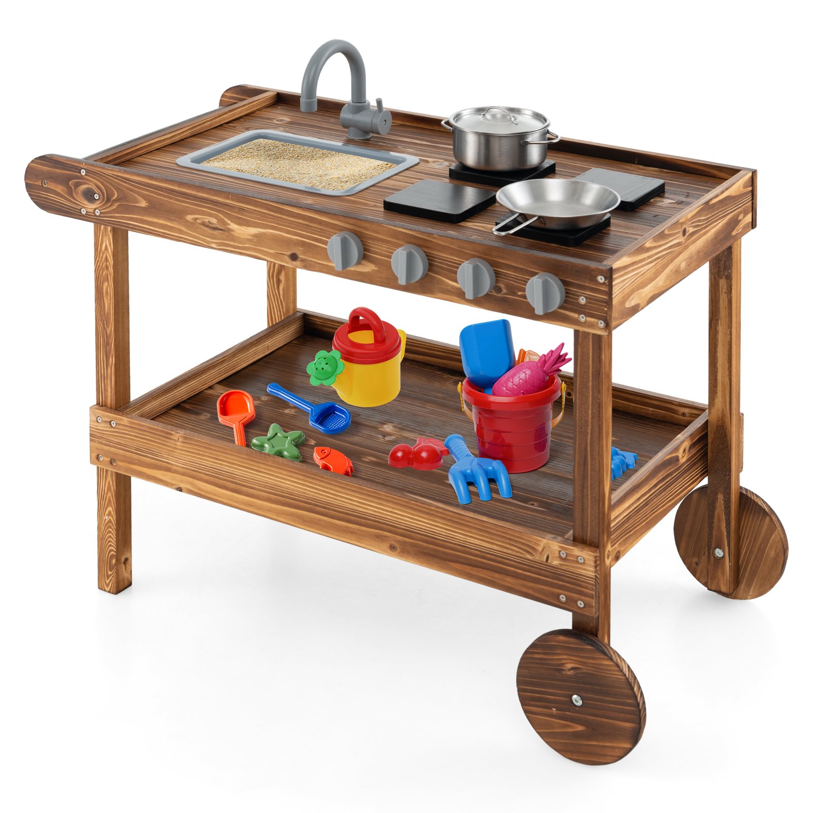 Movable Mud Kitchen with 2 Rolling Wheels and 1 Push Handle-Natural