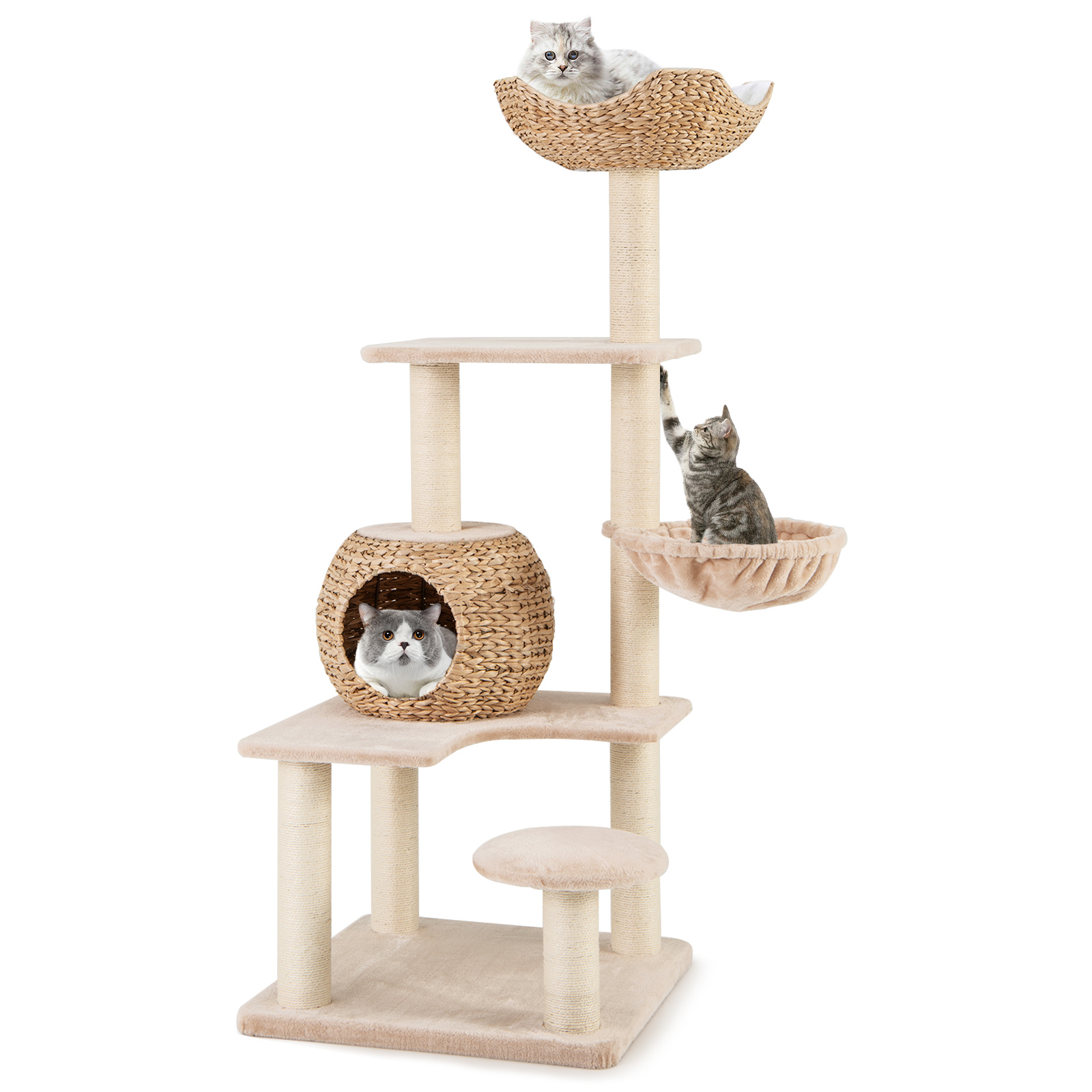 Multi-Level Cat Tree with Cattail Condo and Plush Perch-Beige