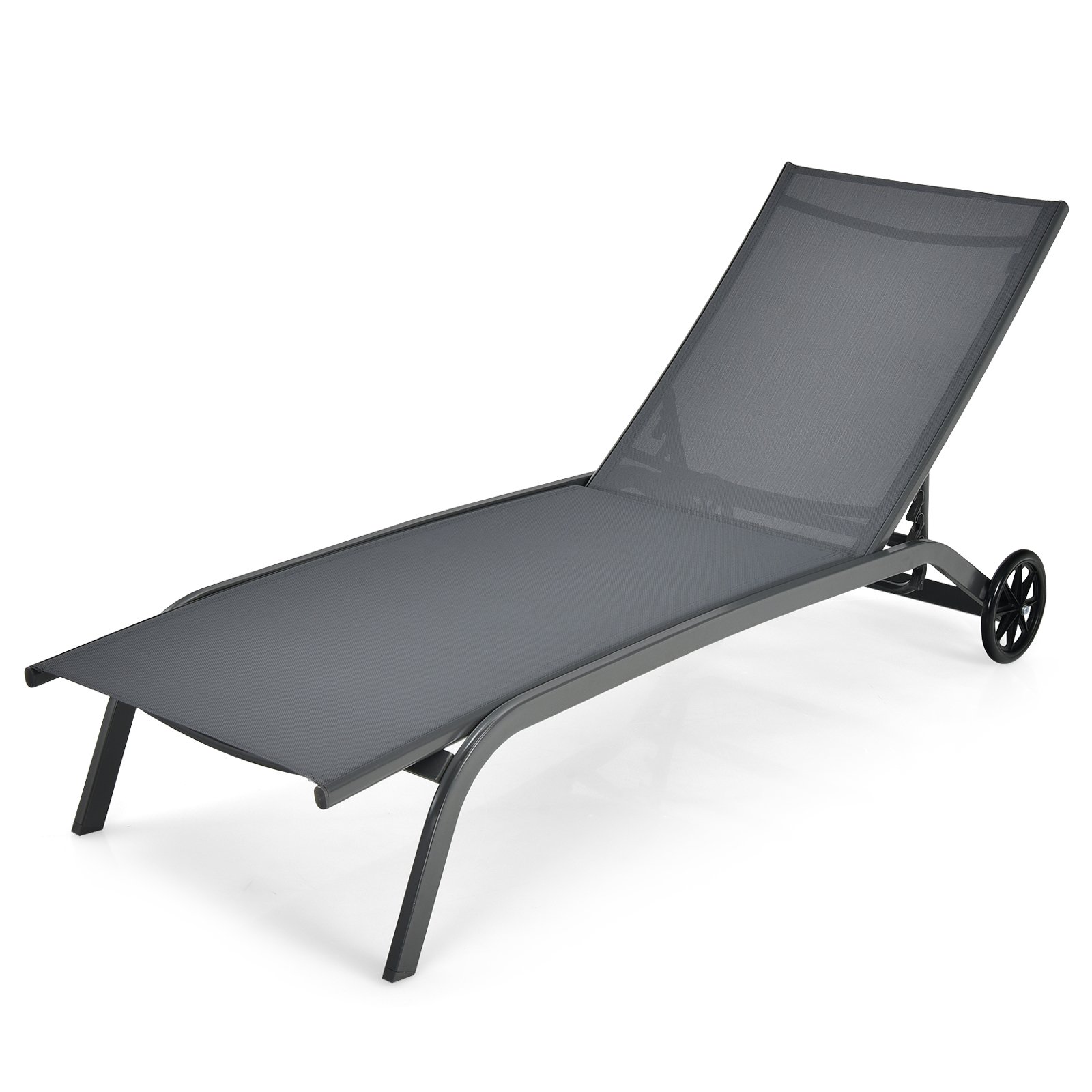 Adjustable Chaise Lounge with Smooth Wheels and Quick-drying Fabric-Grey