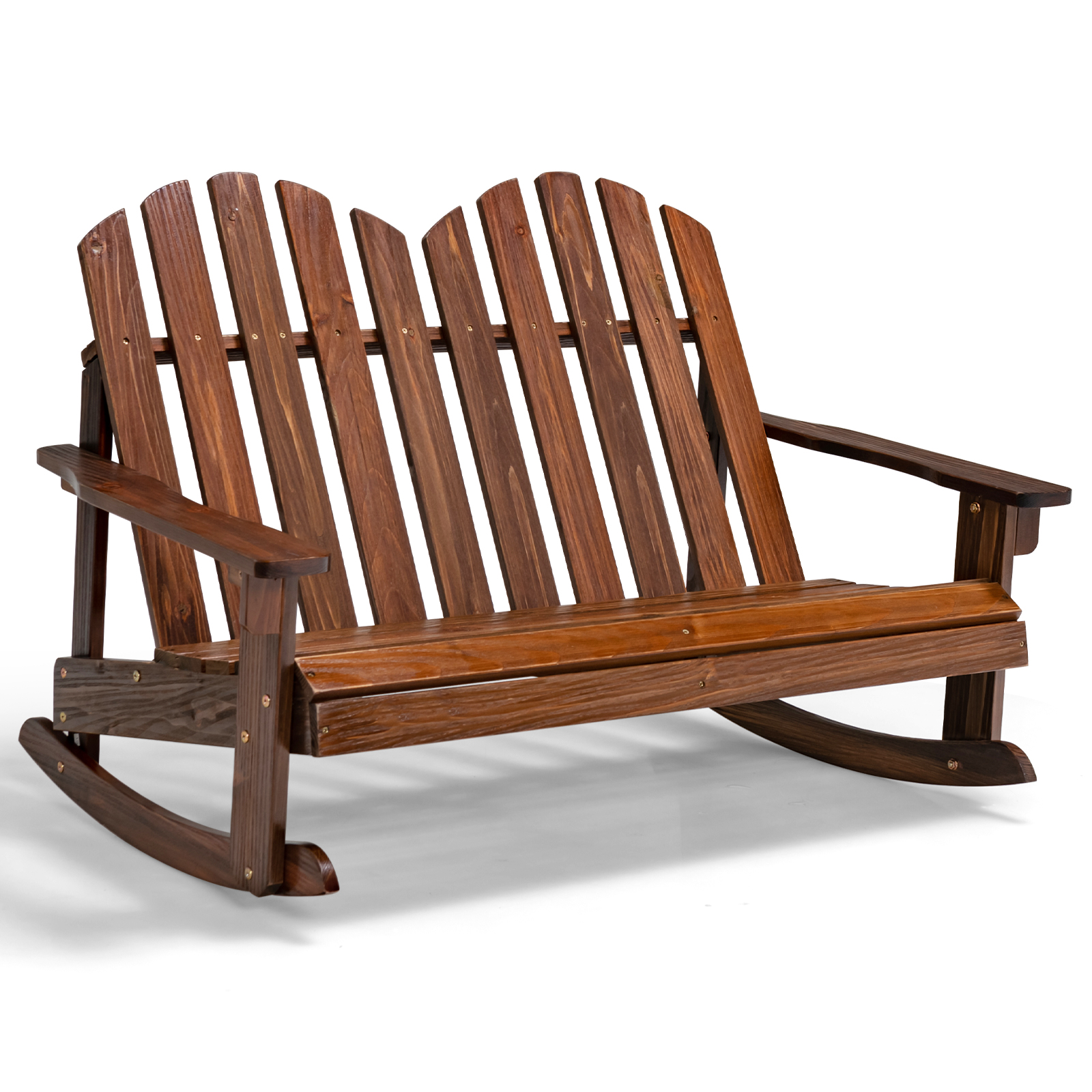 2 Person Outdoor Rocking Adirondack Chair Bench for Kids-Rustic Brown