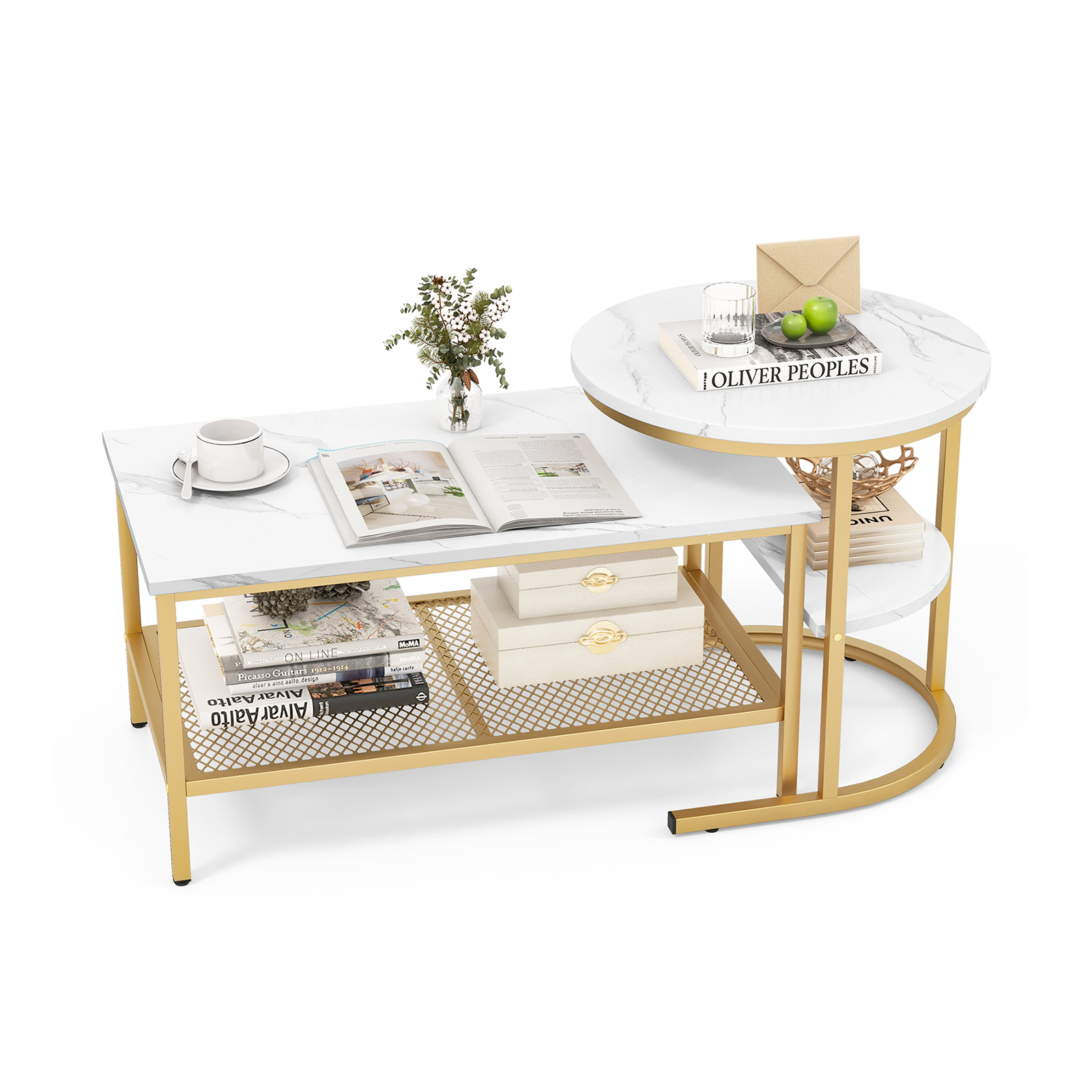 Set of 2 Nesting Coffee Table with Extra Storage Shelf-Golden