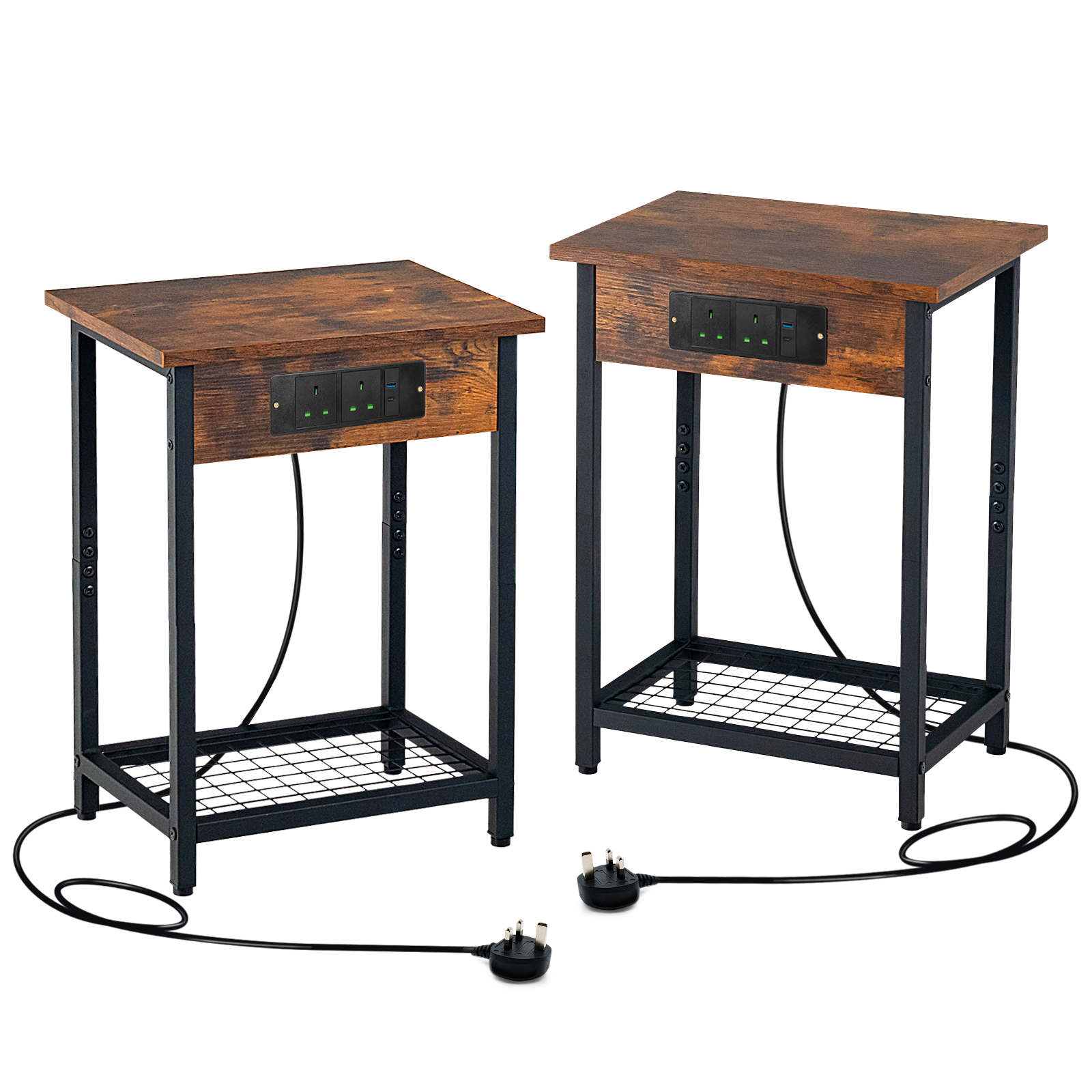 Nightstand Set of 2 with Charging Station and Open Shelf