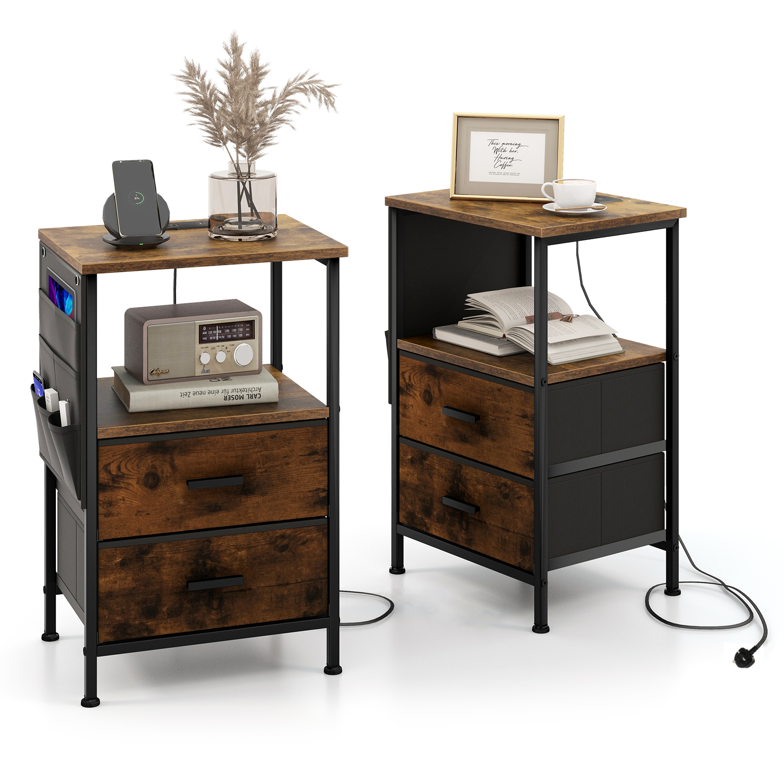 2-Piece Nightstand with Charging Station with USB Ports and Socket Outlets-Rustic Brown