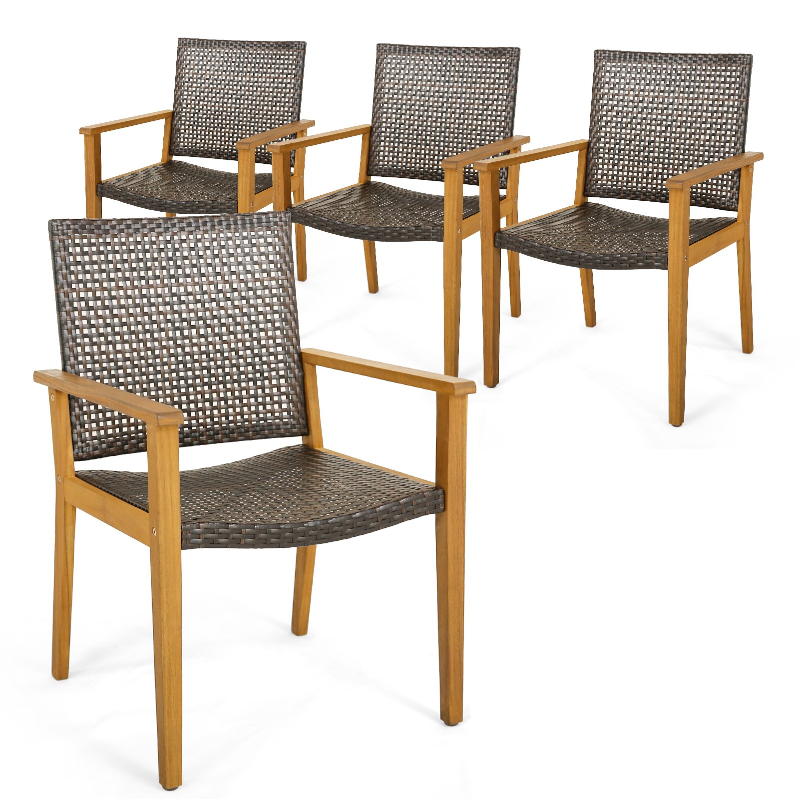 Outdoor Acacia Wood and PE Wicker Chairs with Armrests