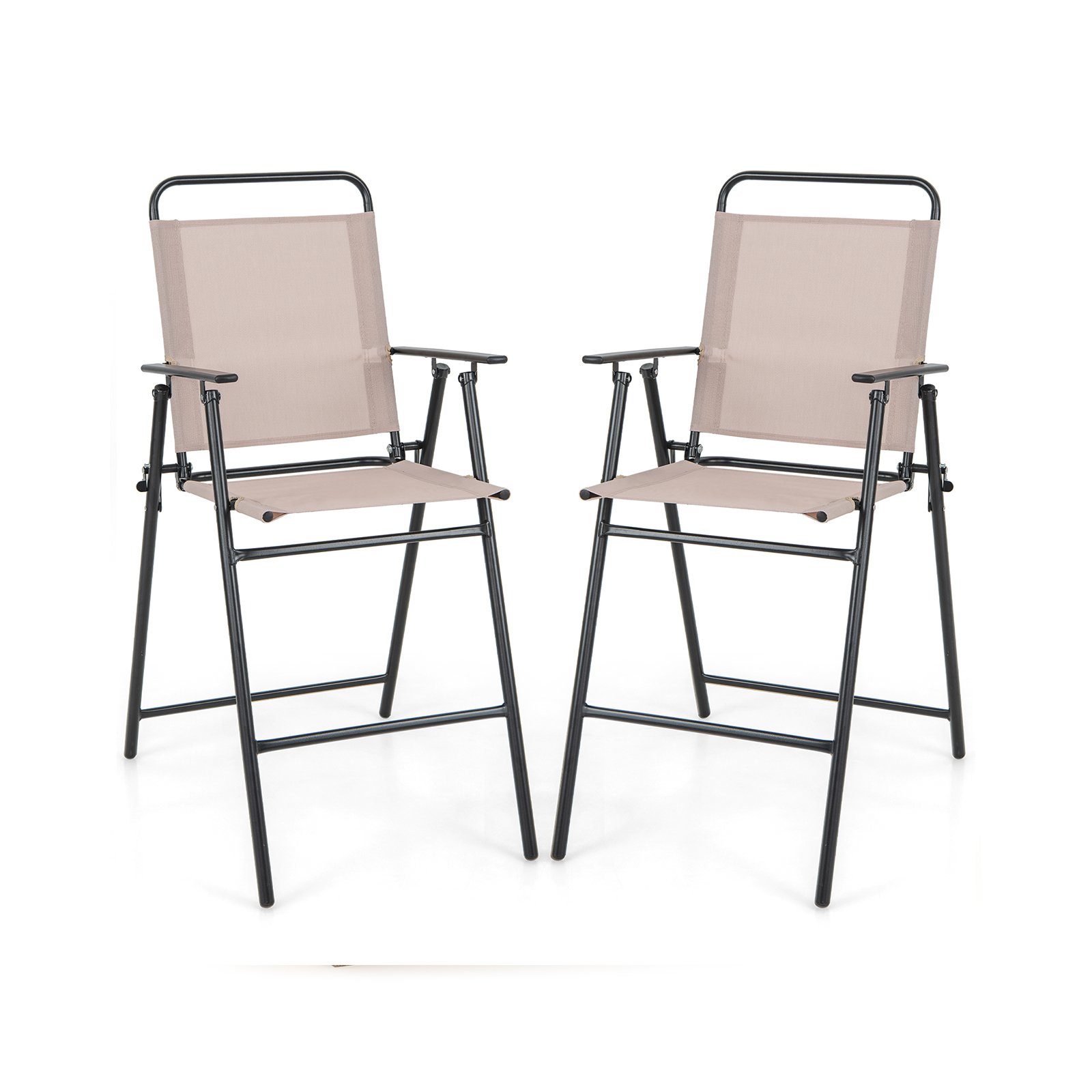 Outdoor Folding Bar Chair Set of 2 with Backrest Armrests Footrest-Beige