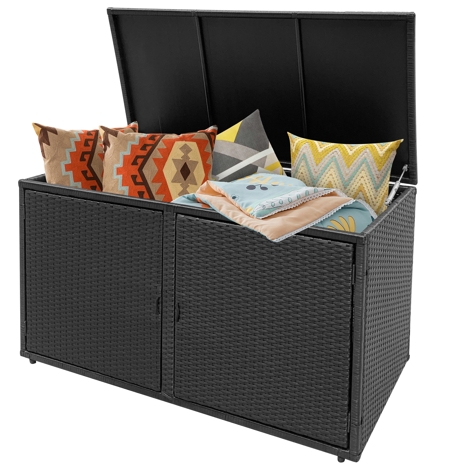 330L 2-Tier Outdoor PE Wicker Storage Box with Lid and Front Doors-Black