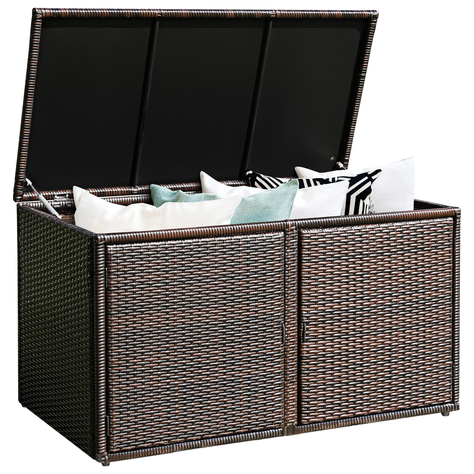 330L 2-Tier Outdoor PE Wicker Storage Box with Lid and Front Doors-Brown