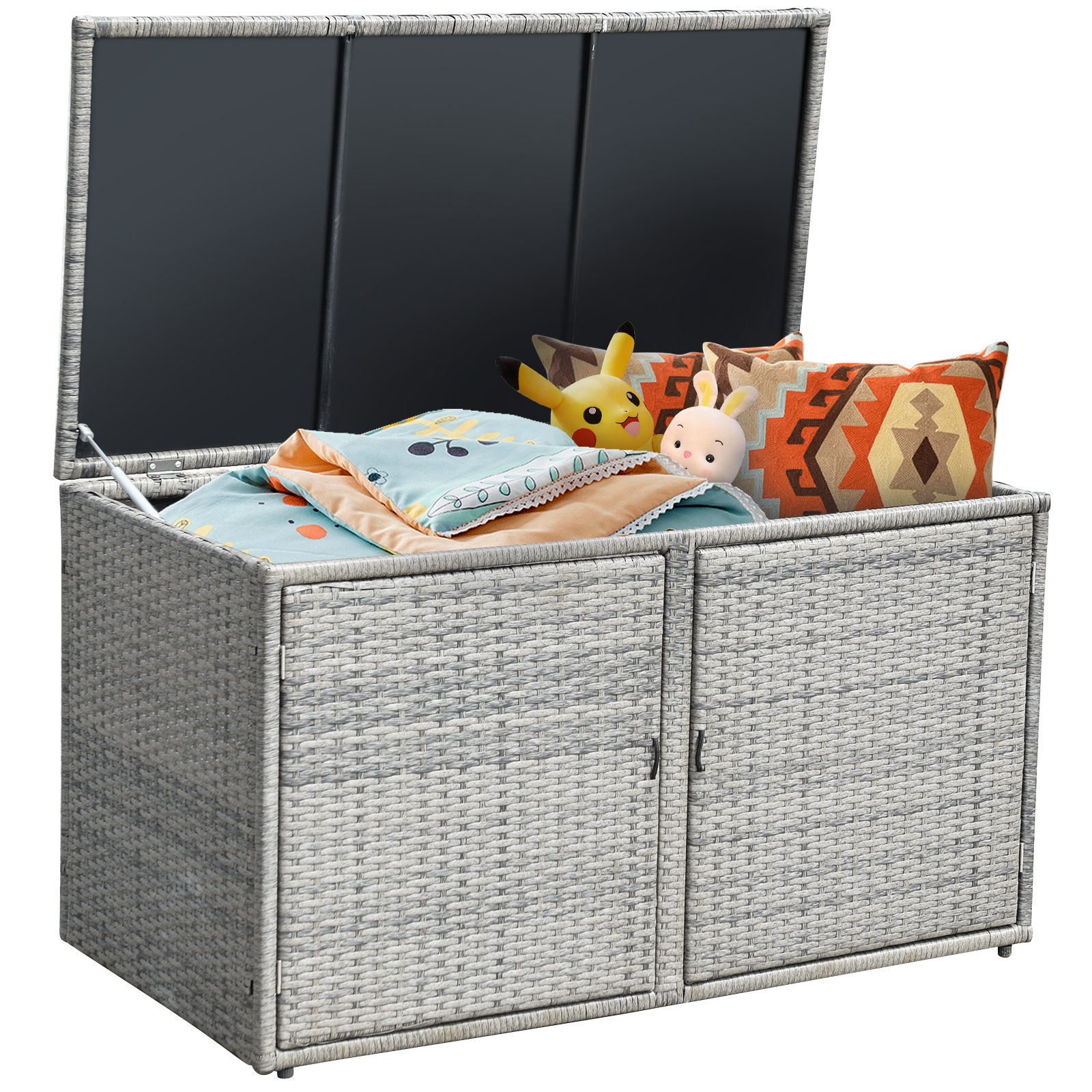 330L 2-Tier Outdoor PE Wicker Storage Box with Lid and Front Doors-Grey