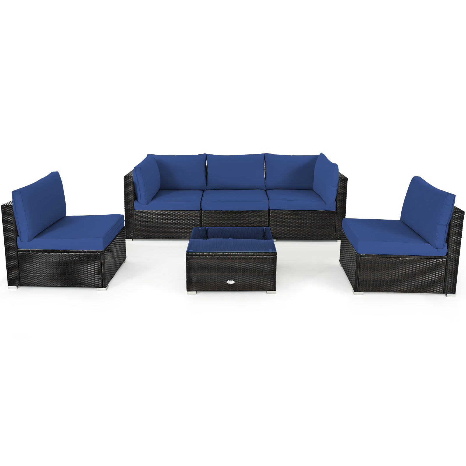 6 Piece Outdoor Rattan Sofa Set with Soft Seat and Back Cushions-Navy