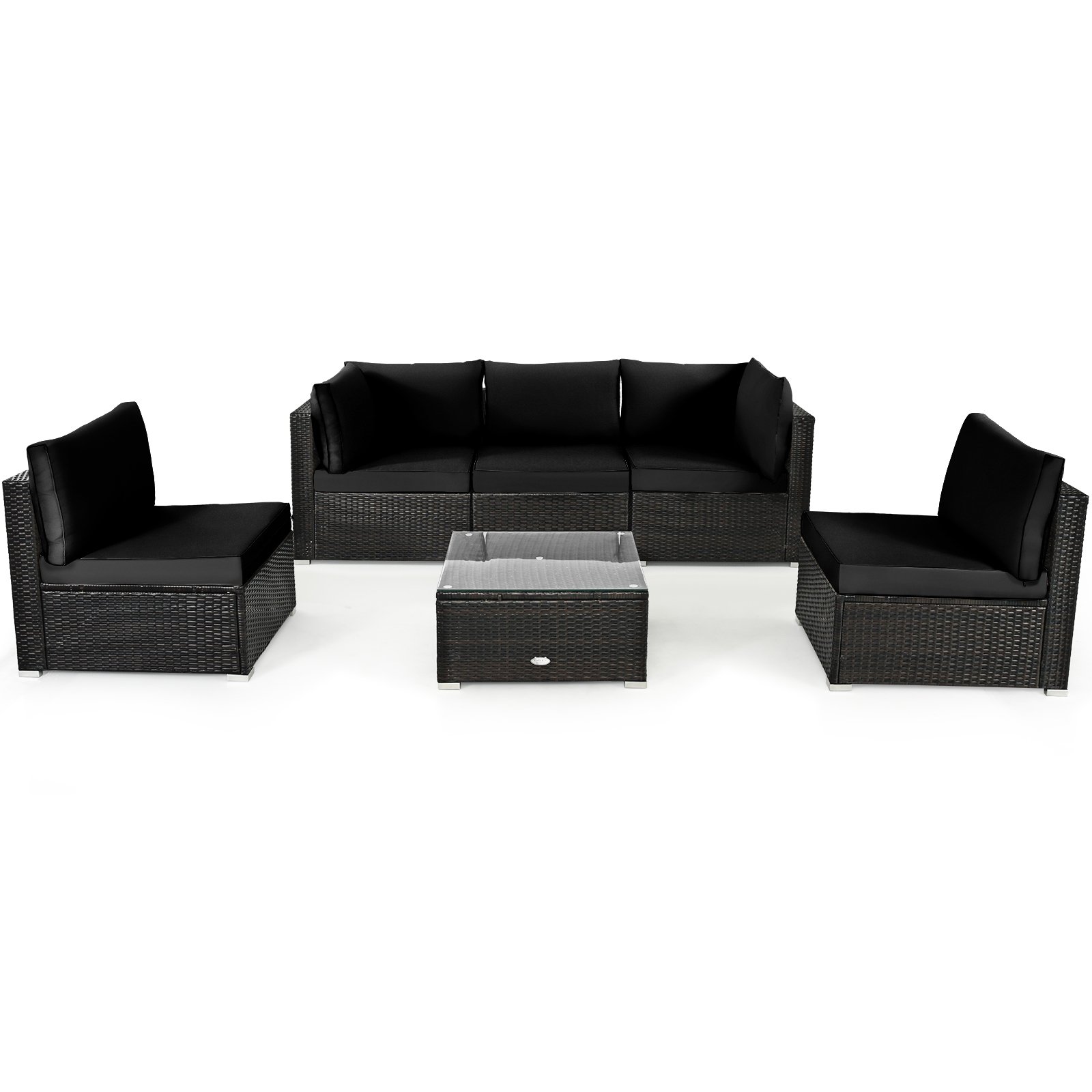 6 Piece Outdoor Rattan Sofa Set with Soft Seat and Back Cushions-Black