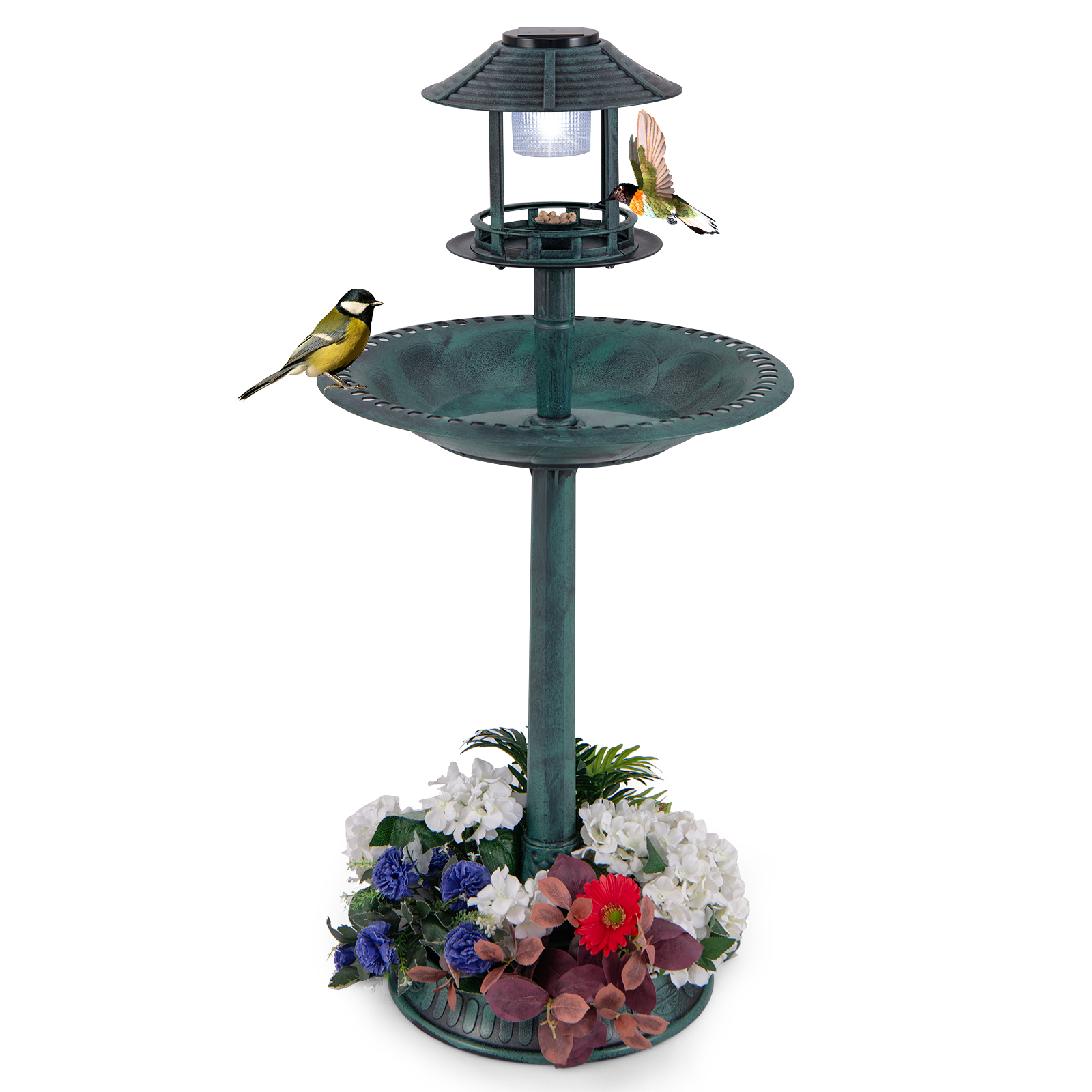 Outdoor Solar Lighted Bird Bath with Flower Planter Base-Bronze