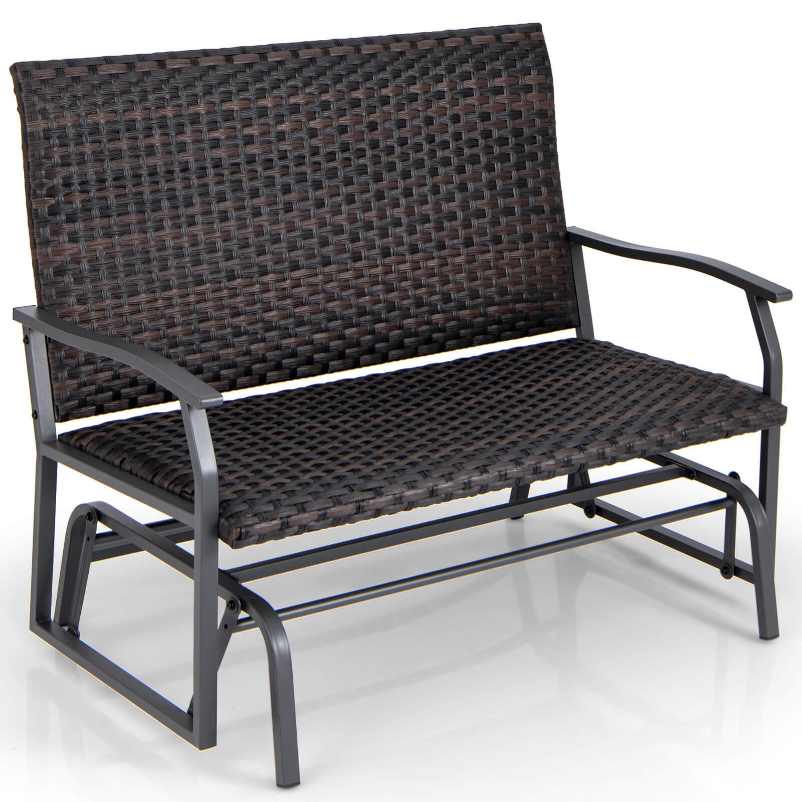 Outdoor Swing Glider Bench 2-Person Rattan Woven Glider Loveseat-Brown