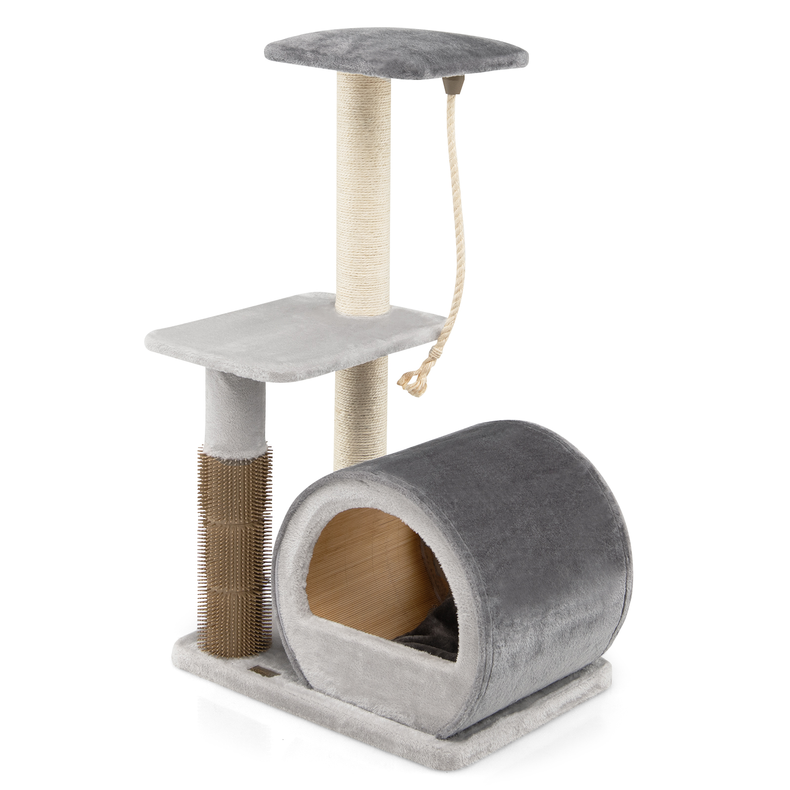 Multi-level Kitty Condo Climbing Tower with Groom Brush and Sisal Rope-Grey