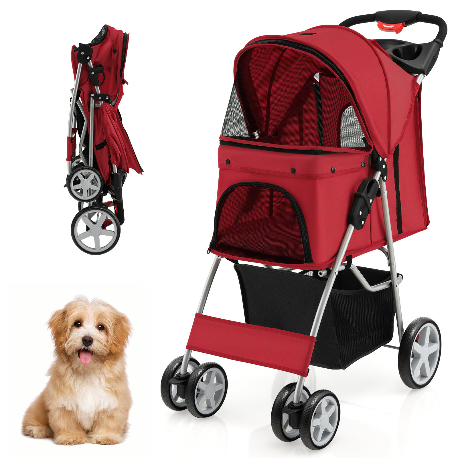 4-Wheel Folding Pet Stroller with Storage Basket and Adjustable Canopy-Red