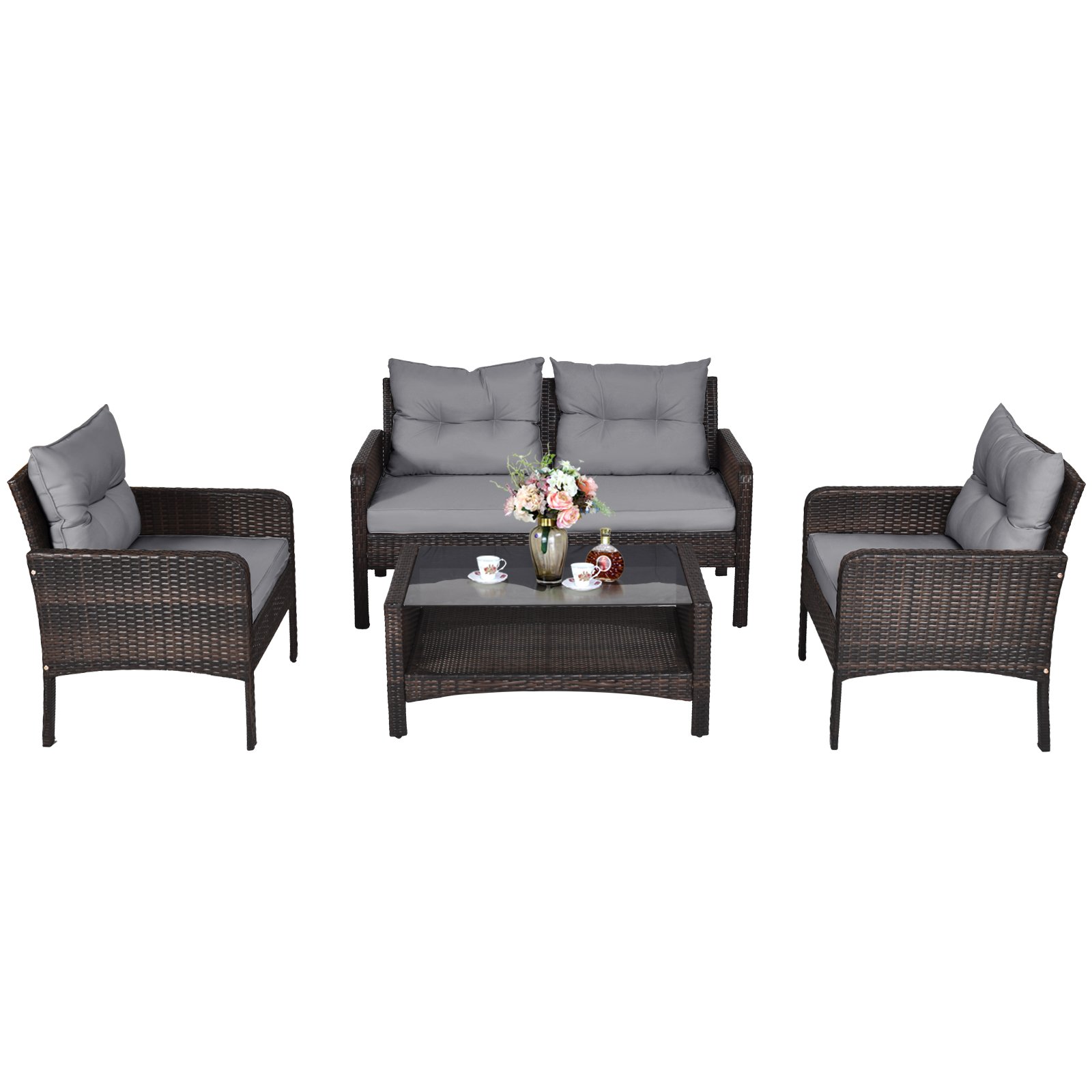 4 Pieces PE Rattan Patio Conversation Set-Grey