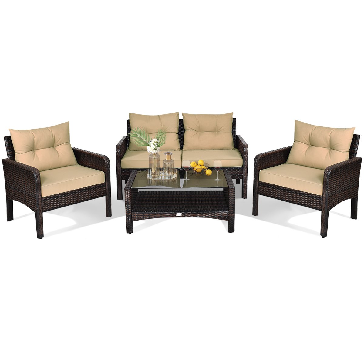 4 Pieces PE Rattan Patio Conversation Set-Yellow