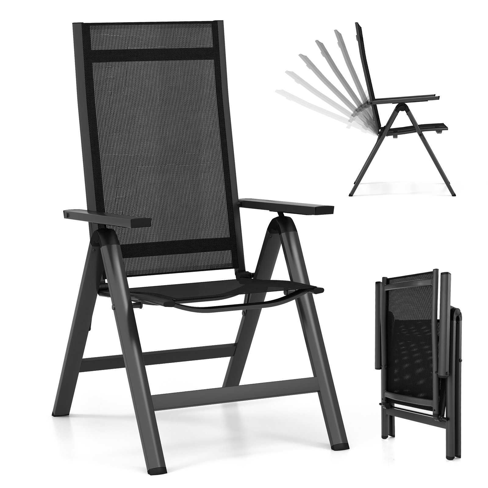 Patio Folding Lightweight Dining Chairs with 7-Position Adjustable High Backrest-Black