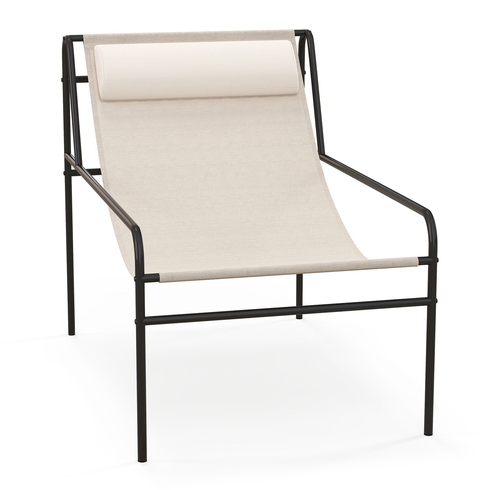 Patio Sling Lounge Chair wth Removable Headrest Pillow-Beige