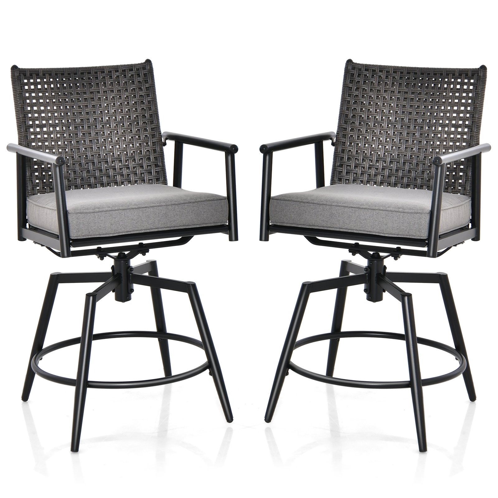 Patio Swivel Bar Stools Set of 2 with PE Rattan Back and Metal Frame-Black