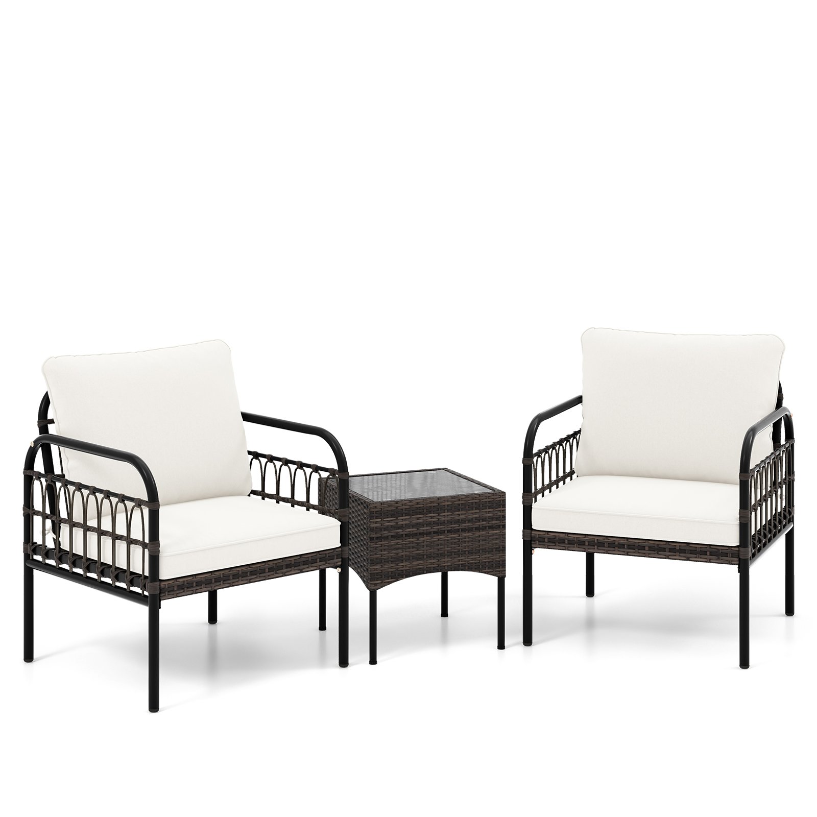 3 Pieces Patio Wicker Furniture Set with Cushioned Chairs and Tempered Glass Coffee Table-White