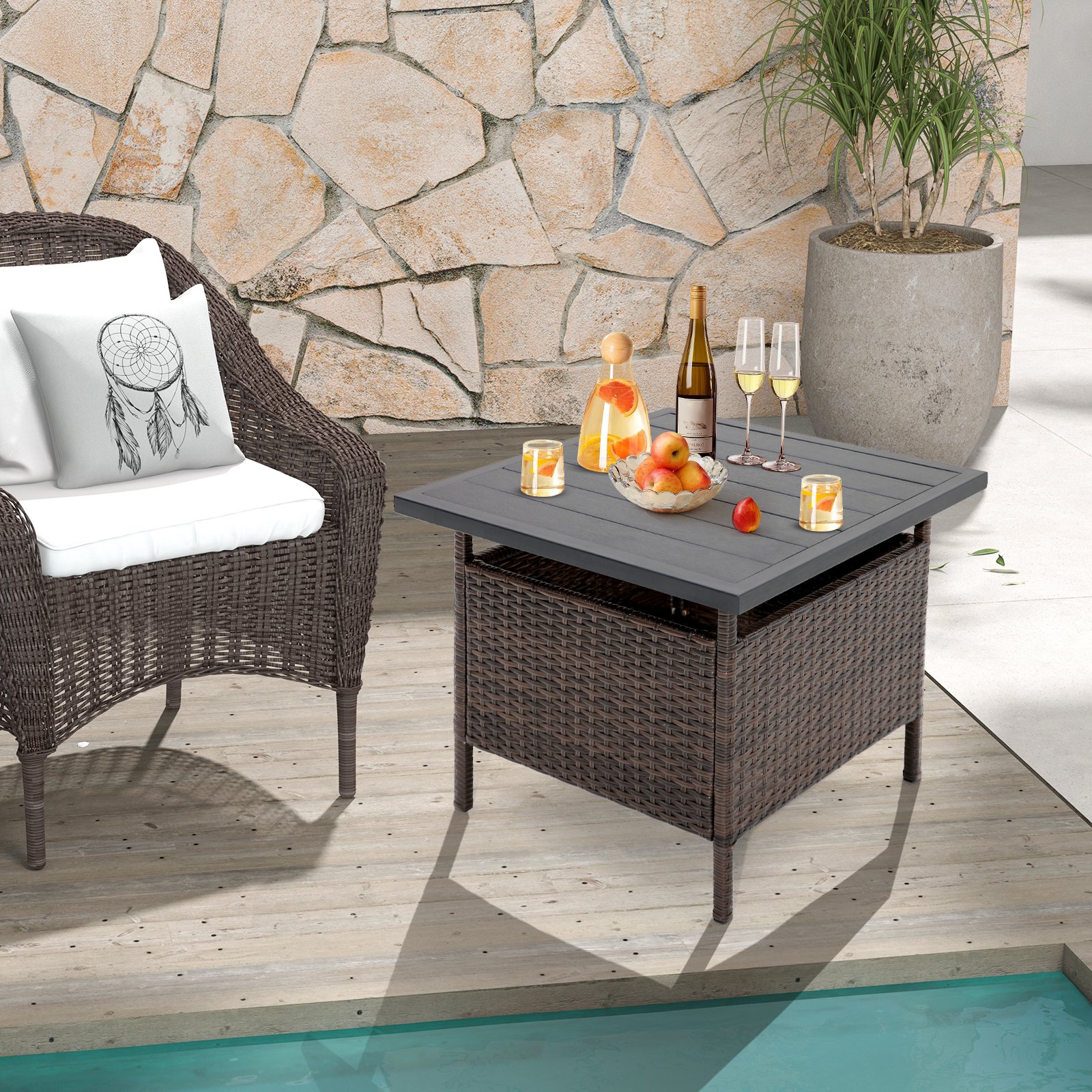 55cm Square Patio Wicker Side Table with Umbrella Hole