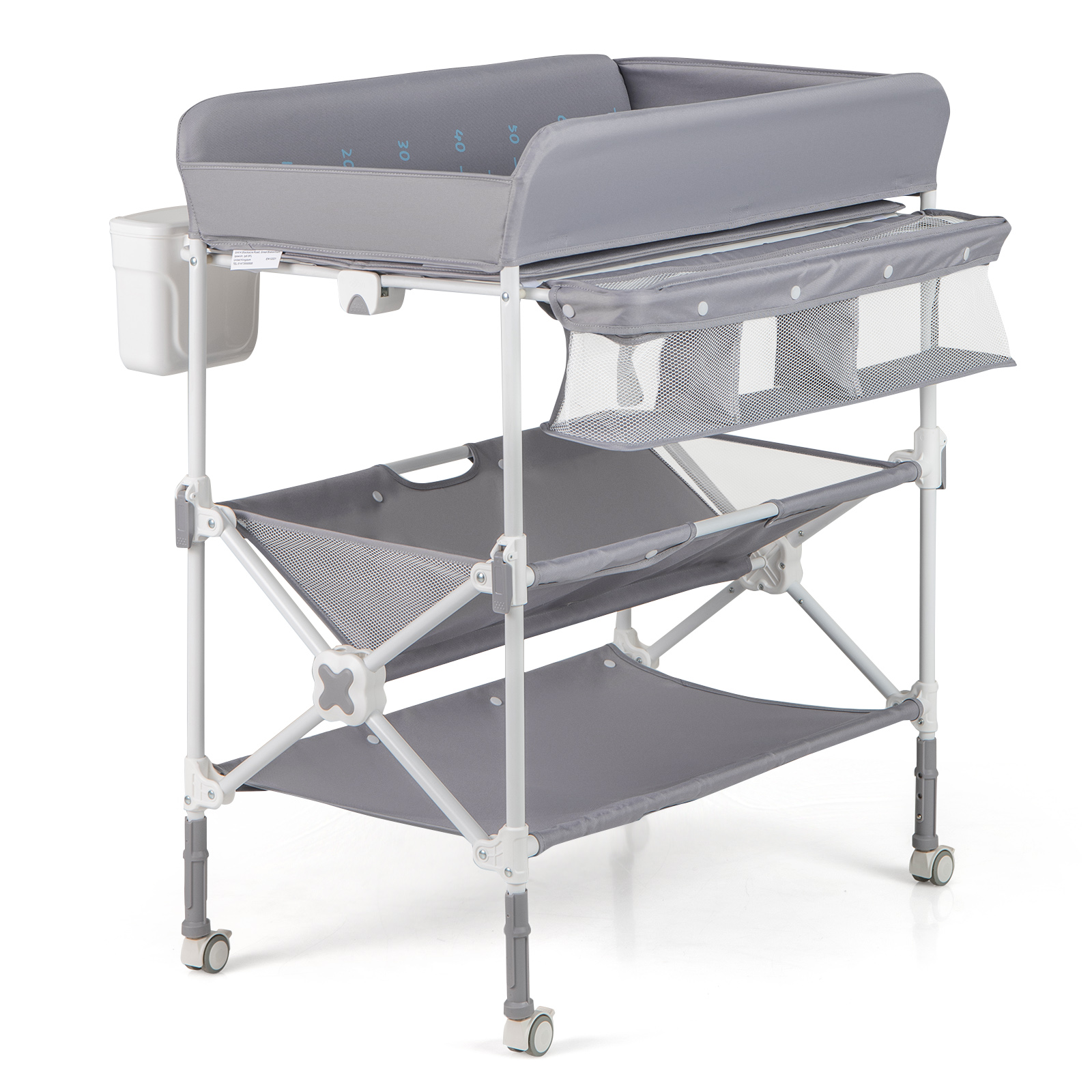 Foldable Baby Changing Table with Wheels and Adjustable Height-Grey