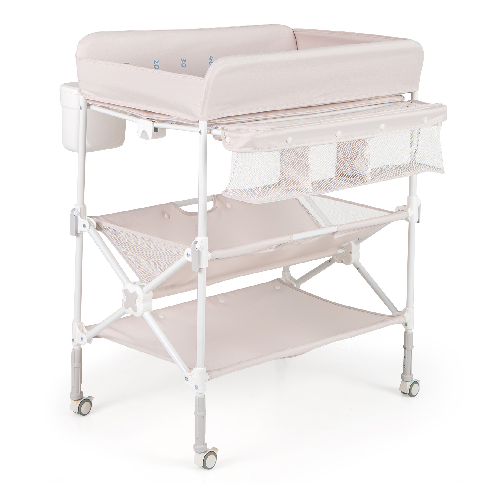 Foldable Baby Changing Table with Wheels and Adjustable Height-Light Pink