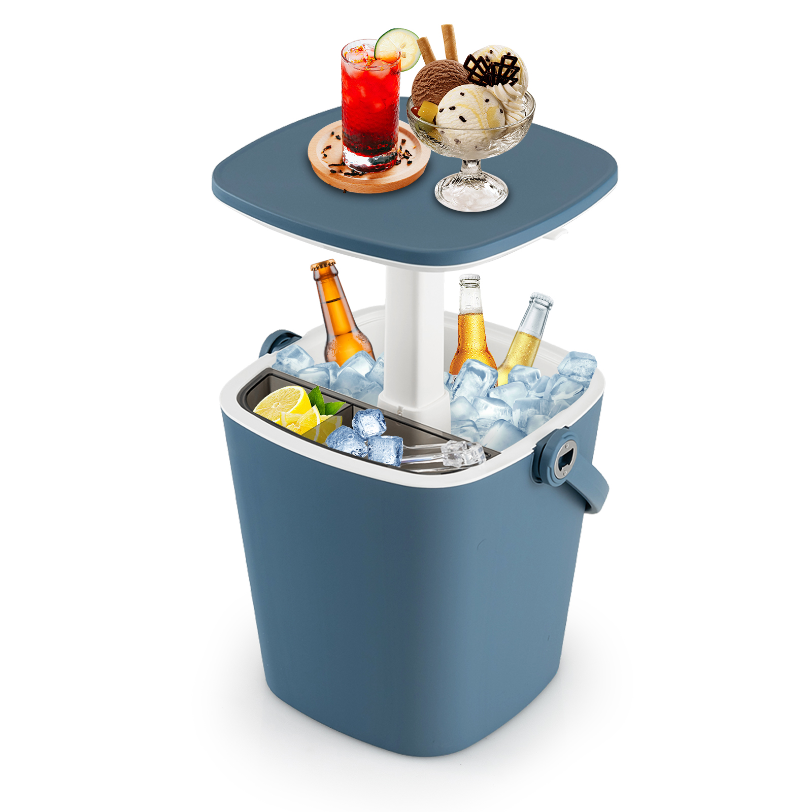 Portable Cooler Side Table with Handle and Bottle Opener-Blue