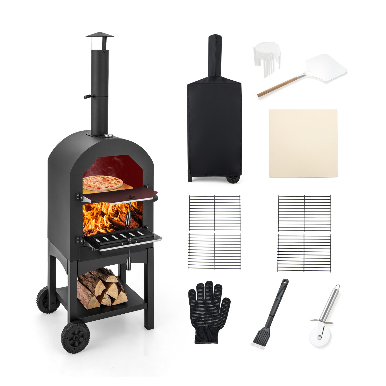 Portable Pizza Oven with Built-in Thermometer and Ash Collection Drawer