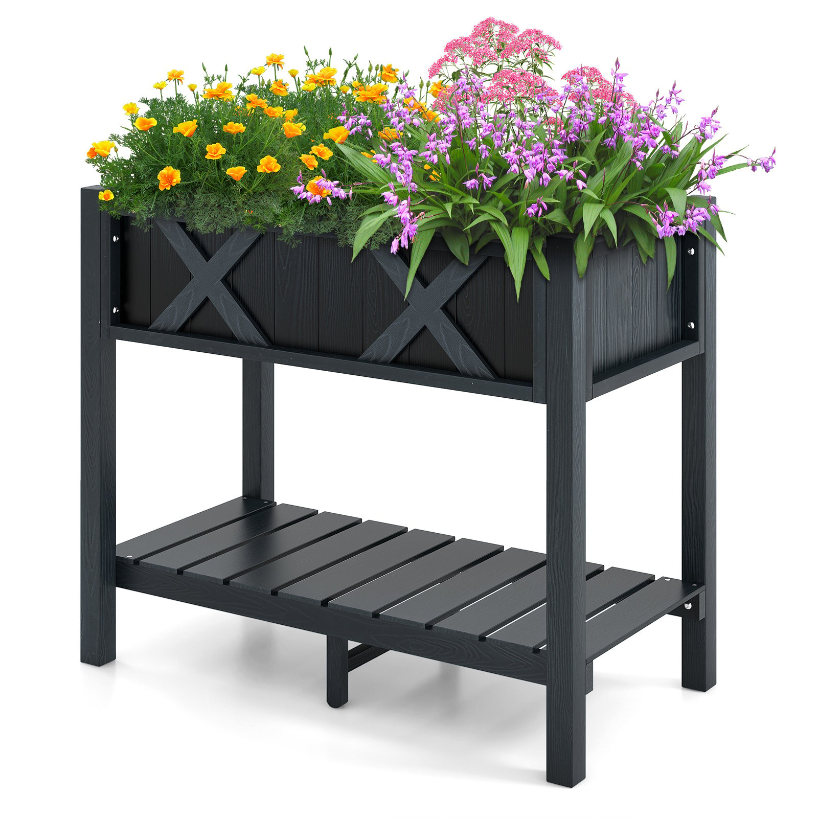 HIPS Raised Garden Bed with Storage Shelf Drainage Holes-Black