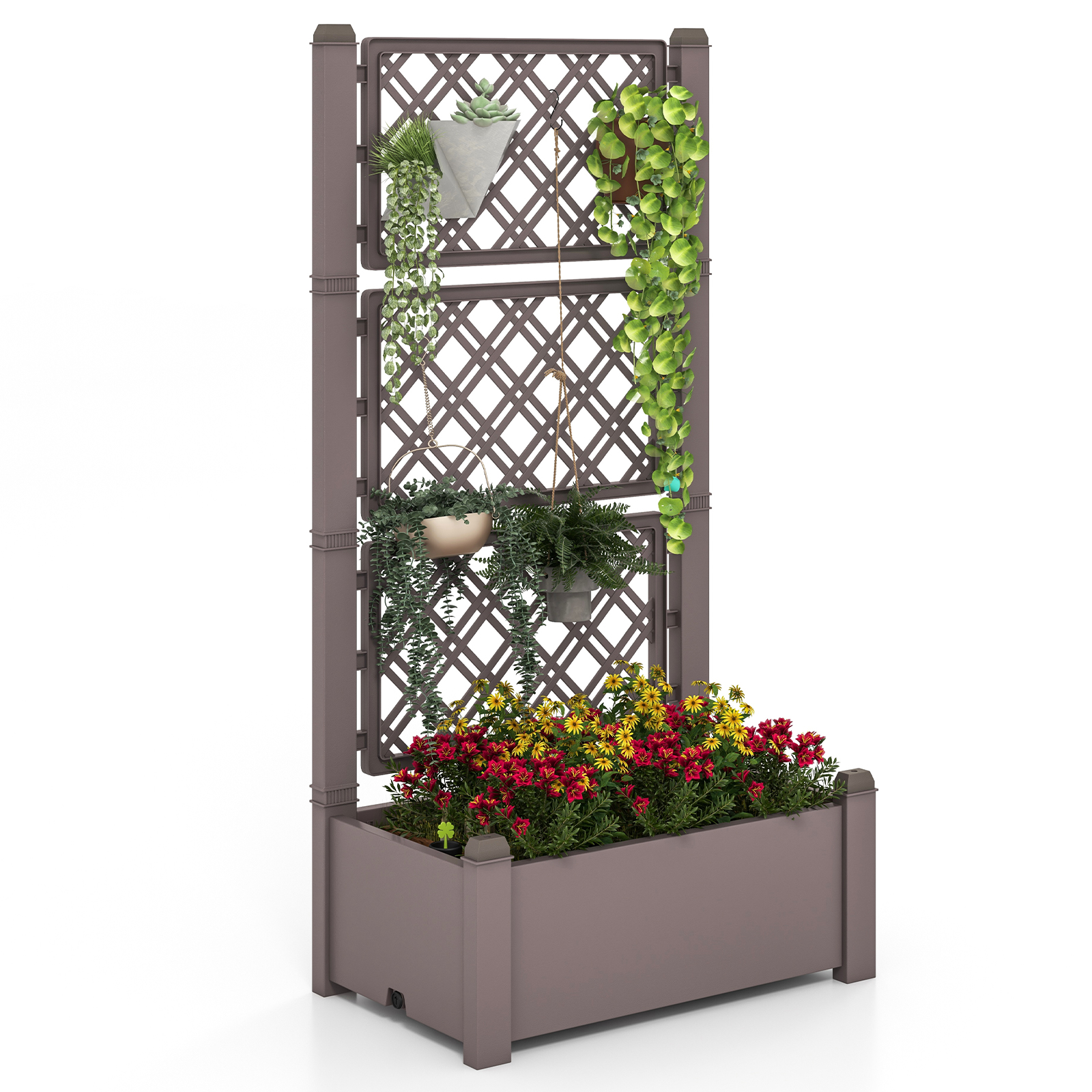 Self-Watering Standing Planter Box Lattice Panels for Vine Climbing Fruits Vegetables-Brown