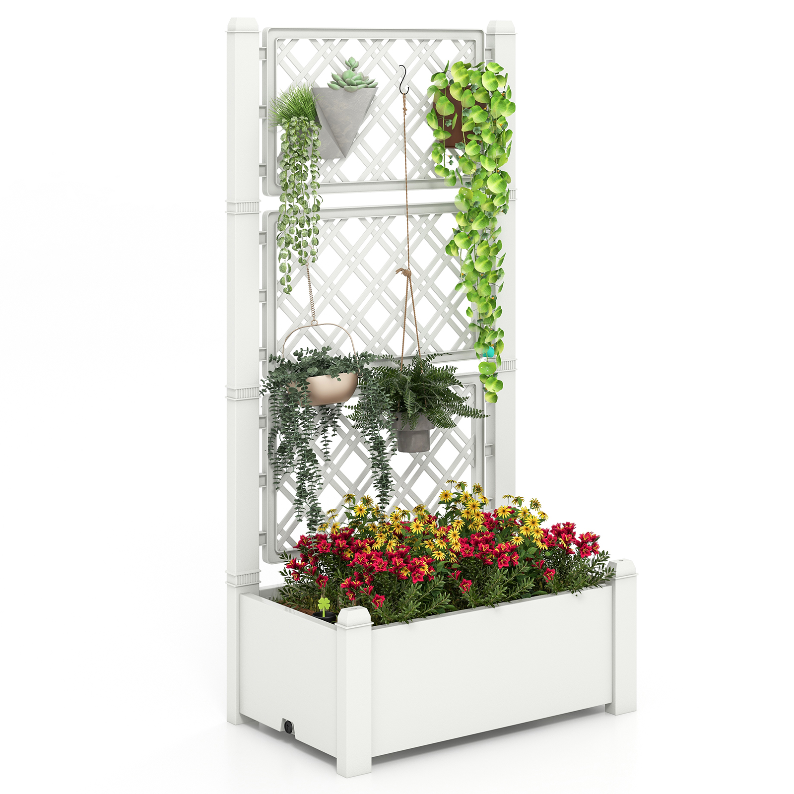 Self-Watering Standing Planter Box Lattice Panels for Vine Climbing Fruits Vegetables-White