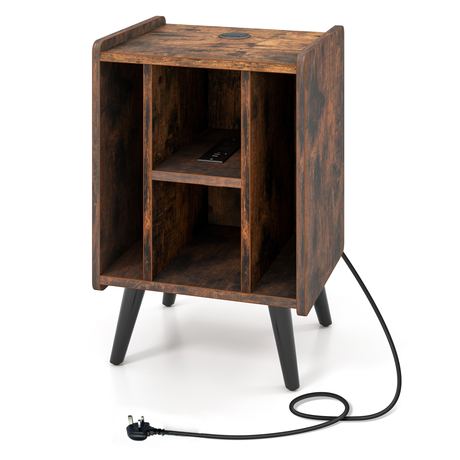 Record Player Stand with 4 Open Shelves Power Outlet USB Charging Port-Brown