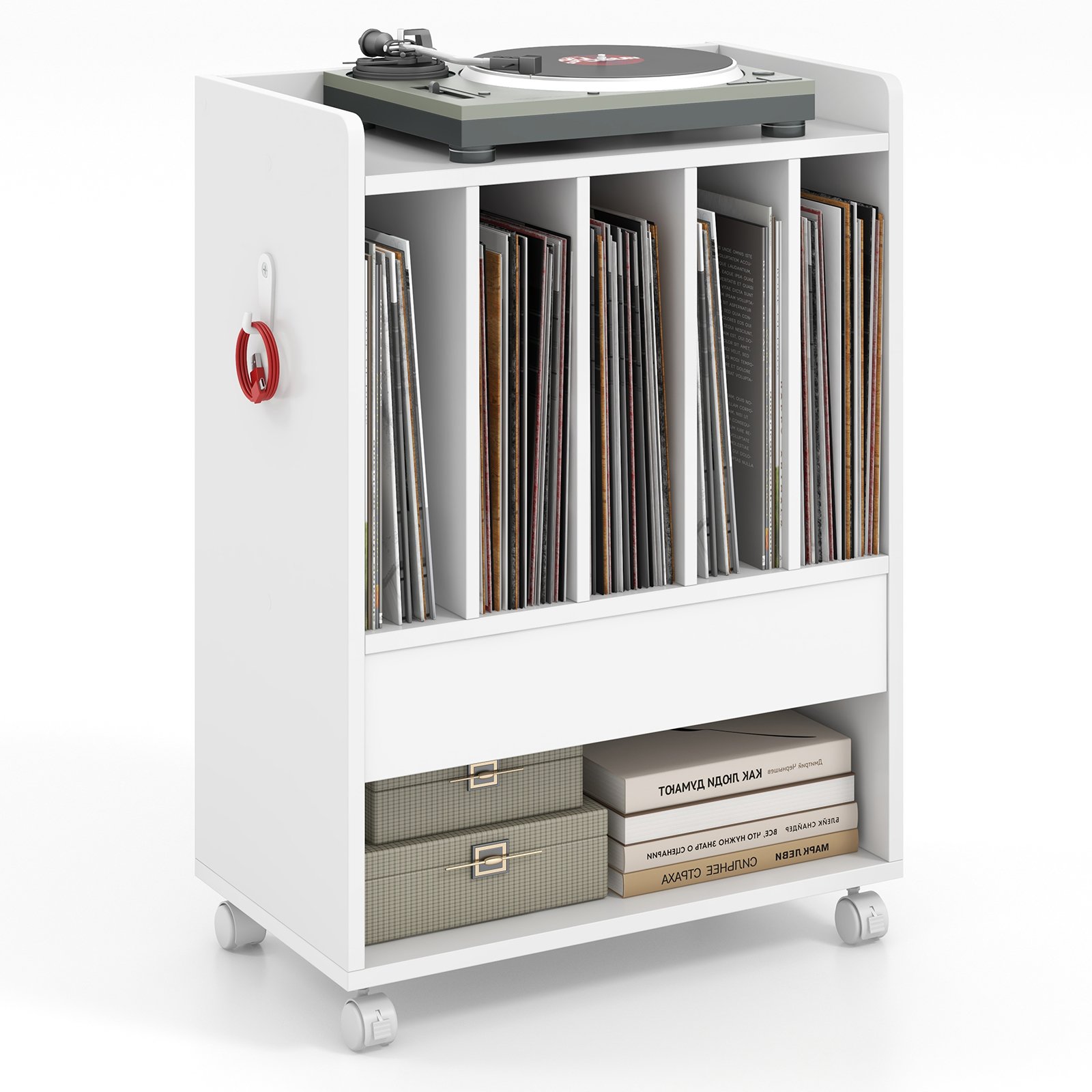 Rolling Record Player Stand with Drawer Hook and Lockable Wheels-White