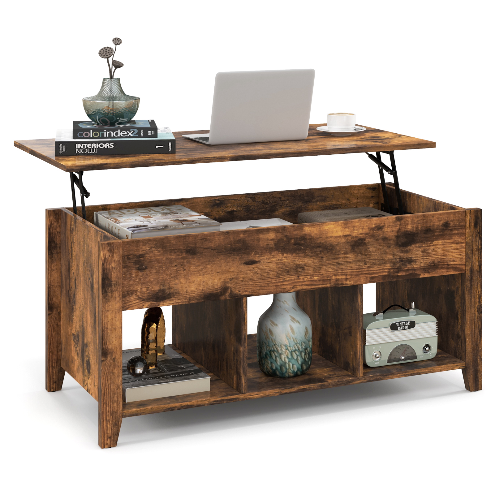 Rising Center Table with Lift Top Hidden Compartment-Rustic Brown