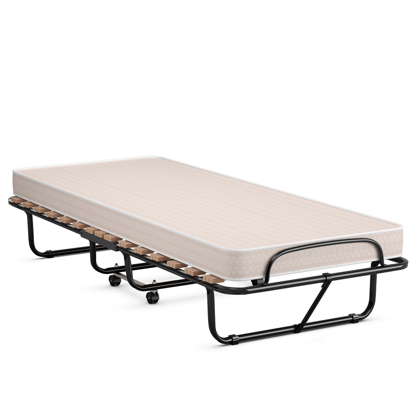 Rollaway Folding Bed with Memory Foam Mattress Guest Bed with Wheels-Beige