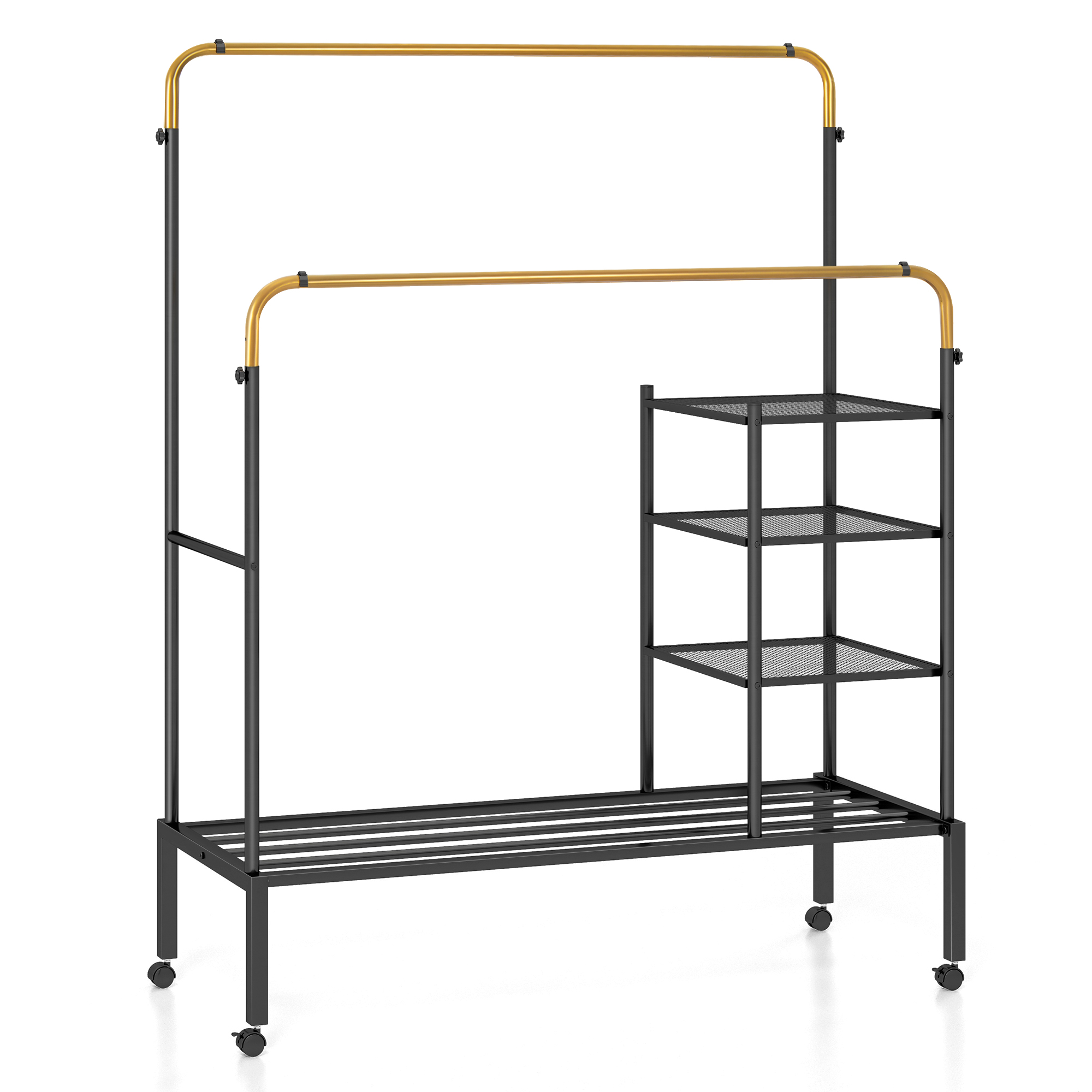 Rolling Clothes Drying Rack with 2 Adjustable Hanging Bars-Black & Gold