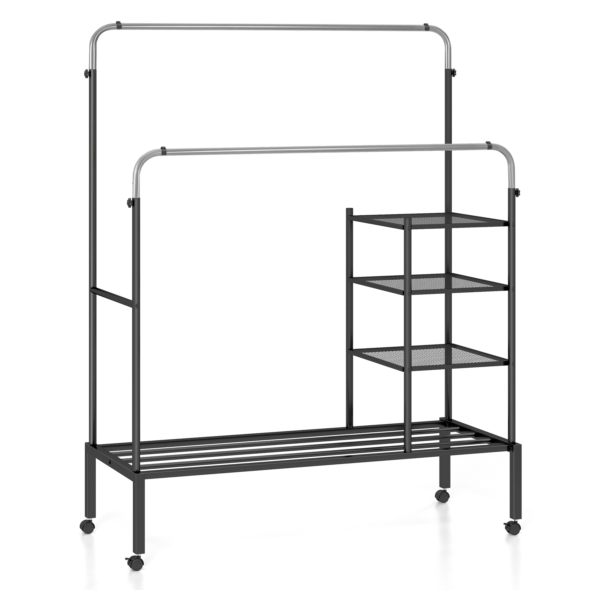 Rolling Clothes Drying Rack with 2 Adjustable Hanging Bars-Black & Silver