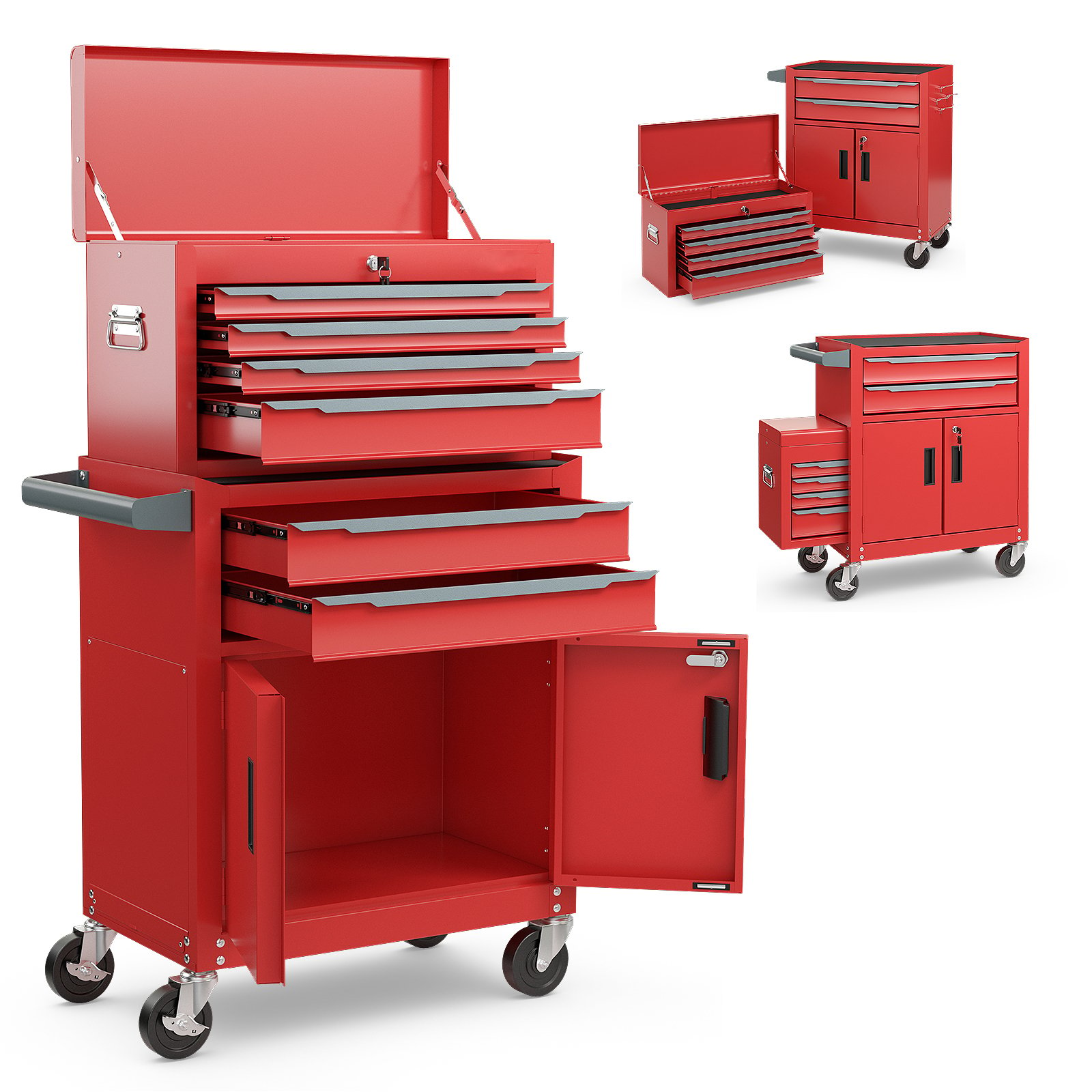 6-Drawer Rolling Tool Chest with Universal Wheels and Hooks-Red-S